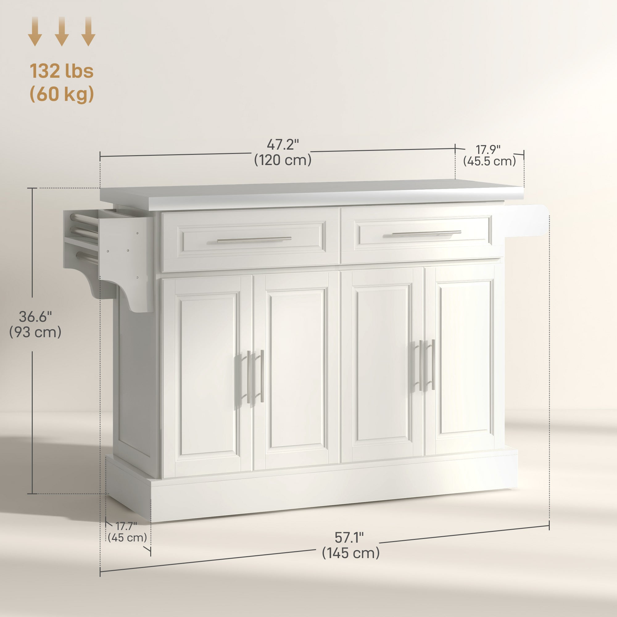 HOMCOM Kitchen Island with Storage, Rolling Kitchen Cart on Wheels with Stainless Steel Top, 2 Drawers, 2 Cabinets, Spice Rack, Knife and Towel Rack, Cream White