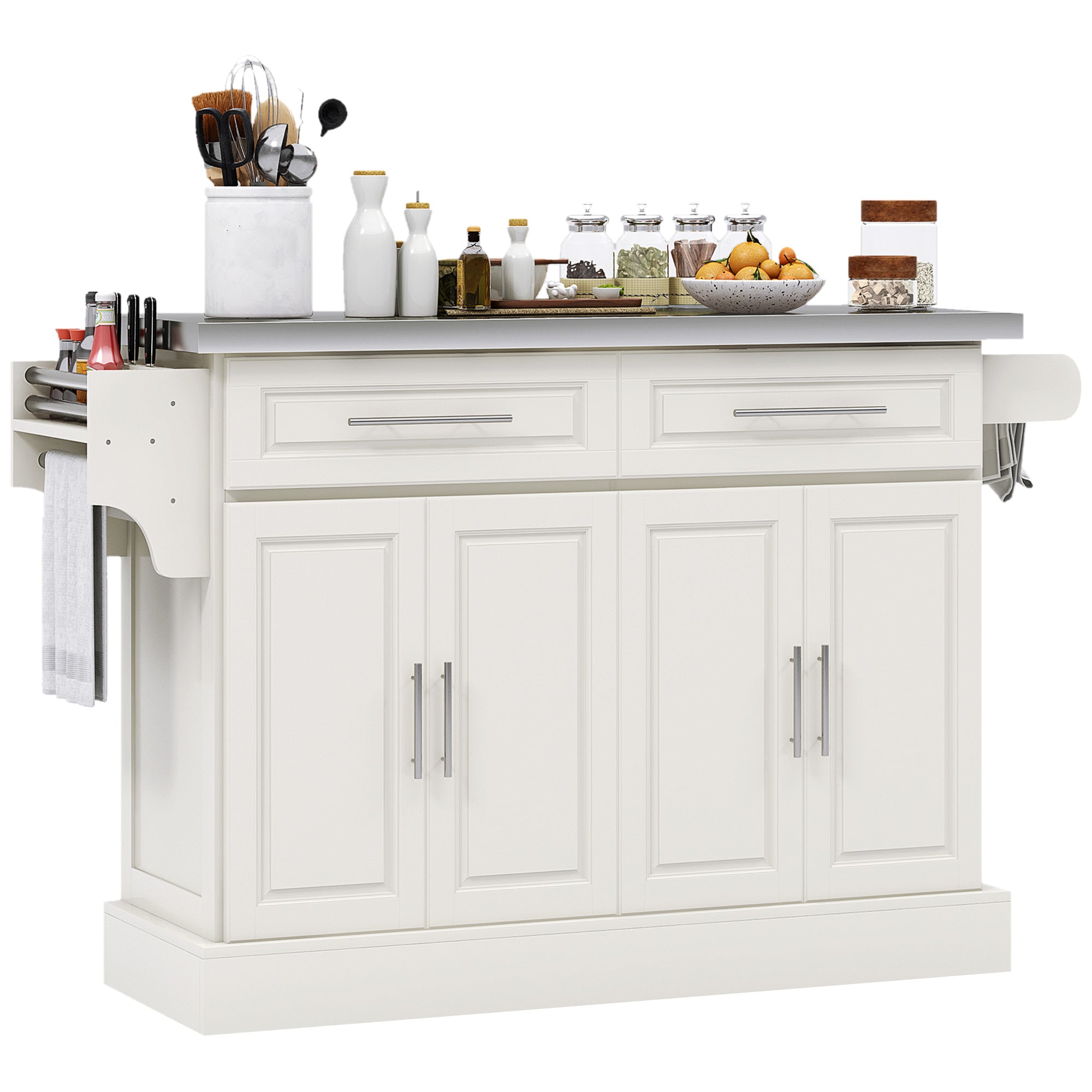 HOMCOM Kitchen Island with Storage, Rolling Kitchen Cart on Wheels with Stainless Steel Top, 2 Drawers, 2 Cabinets, Spice Rack, Knife and Towel Rack, Cream White