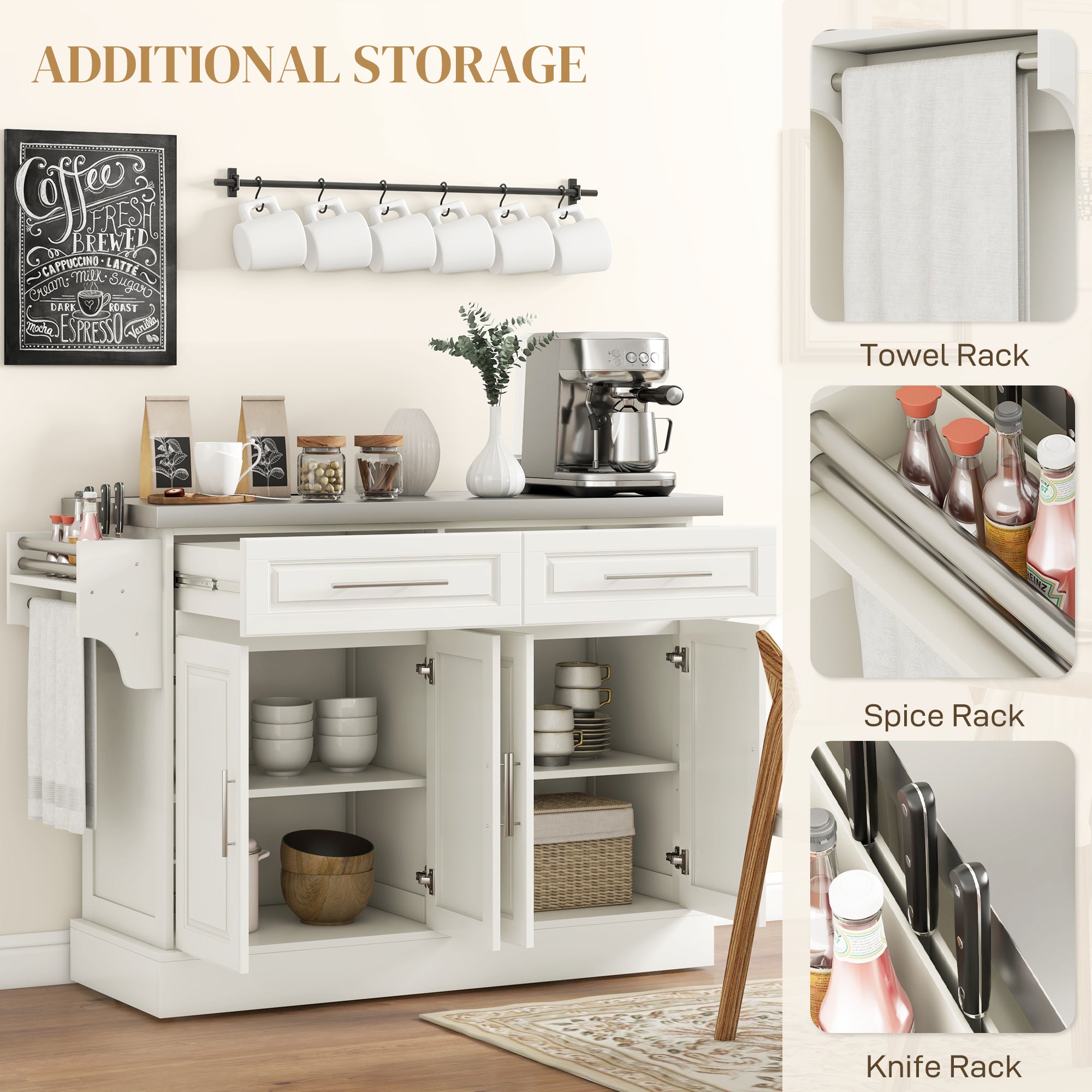 HOMCOM Kitchen Island with Storage, Rolling Kitchen Cart on Wheels with Stainless Steel Top, 2 Drawers, 2 Cabinets, Spice Rack, Knife and Towel Rack, Cream White