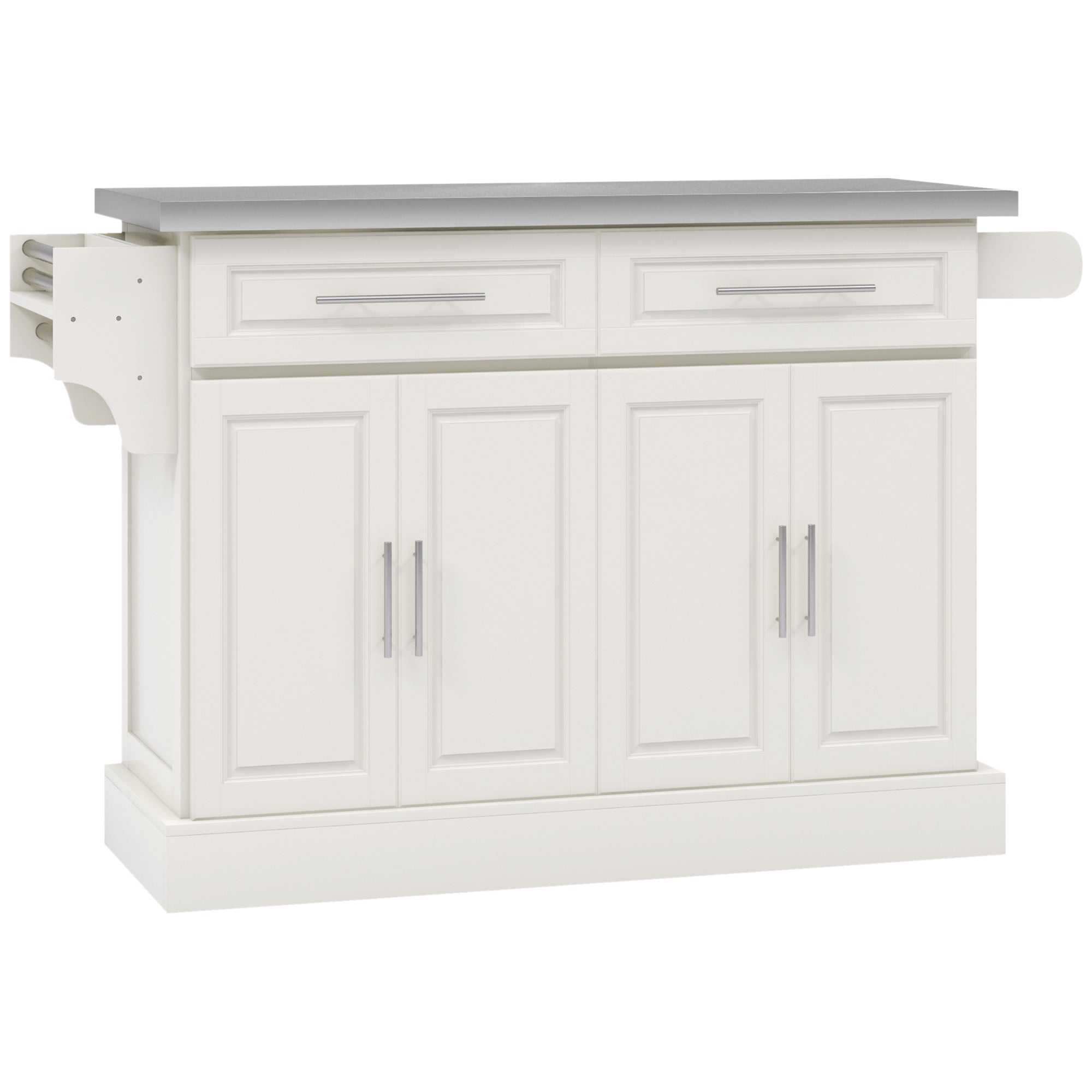 HOMCOM Kitchen Island with Storage, Rolling Kitchen Cart on Wheels with Stainless Steel Top, 2 Drawers, 2 Cabinets, Spice Rack, Knife and Towel Rack, Cream White