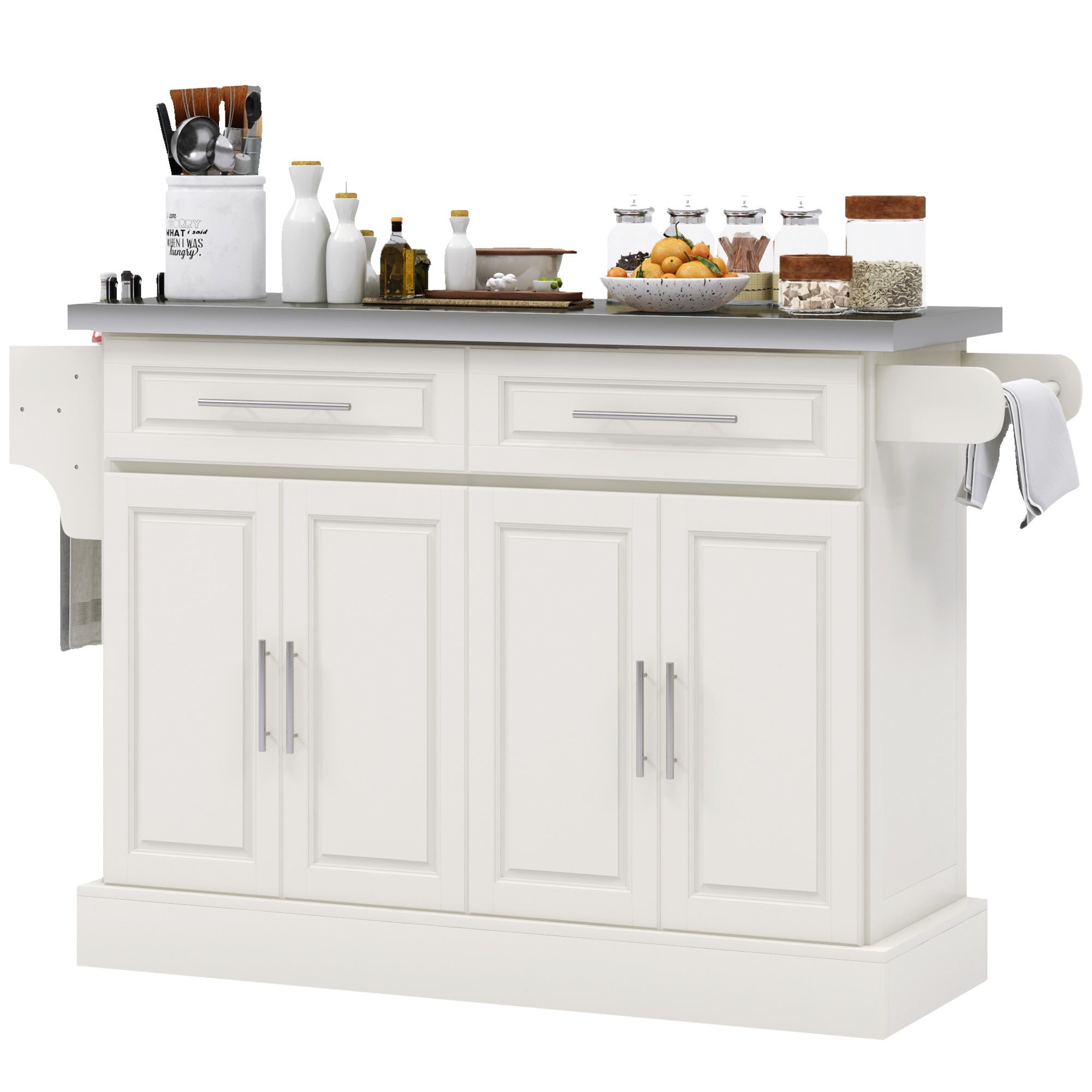 HOMCOM Kitchen Island with Storage, Rolling Kitchen Cart on Wheels with Stainless Steel Top, 2 Drawers, 2 Cabinets, Spice Rack, Knife and Towel Rack, Cream White