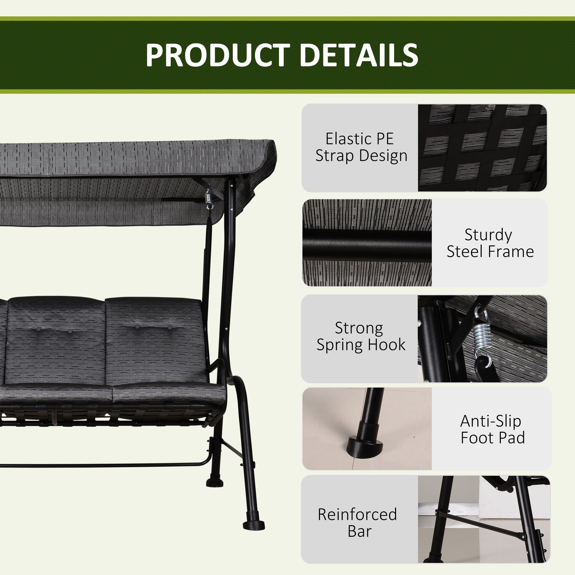 Outsunny 3-Person Porch Swing Patio Swing Chair with Canopy for Patio, Garden, Backyard, Poolside, Grey