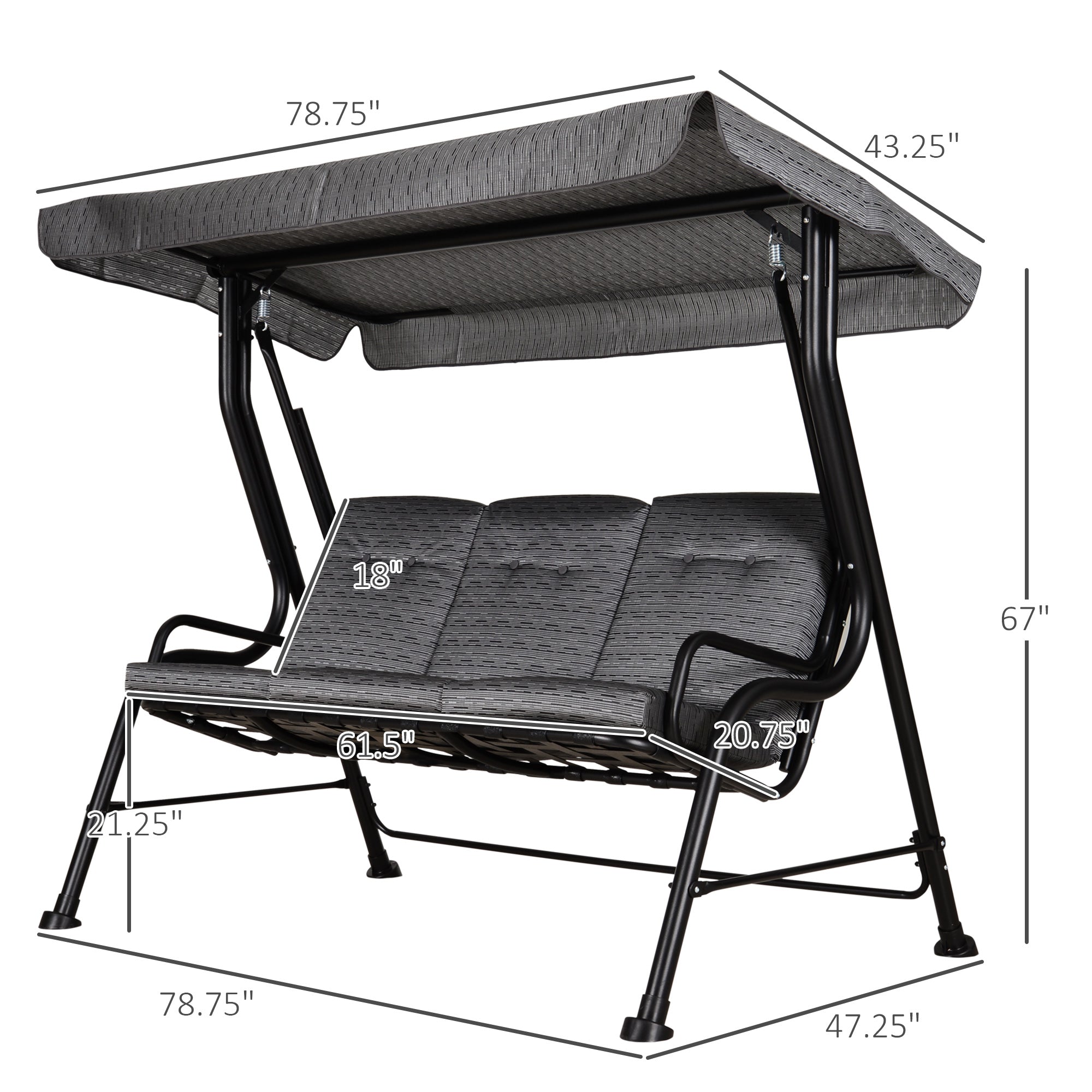 Outsunny 3-Person Porch Swing Patio Swing Chair with Canopy for Patio, Garden, Backyard, Poolside, Grey