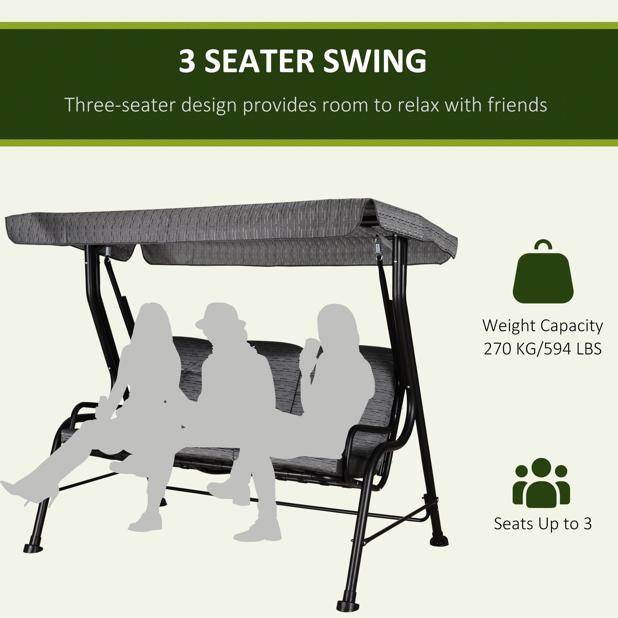 Outsunny 3-Person Porch Swing Patio Swing Chair with Canopy for Patio, Garden, Backyard, Poolside, Grey