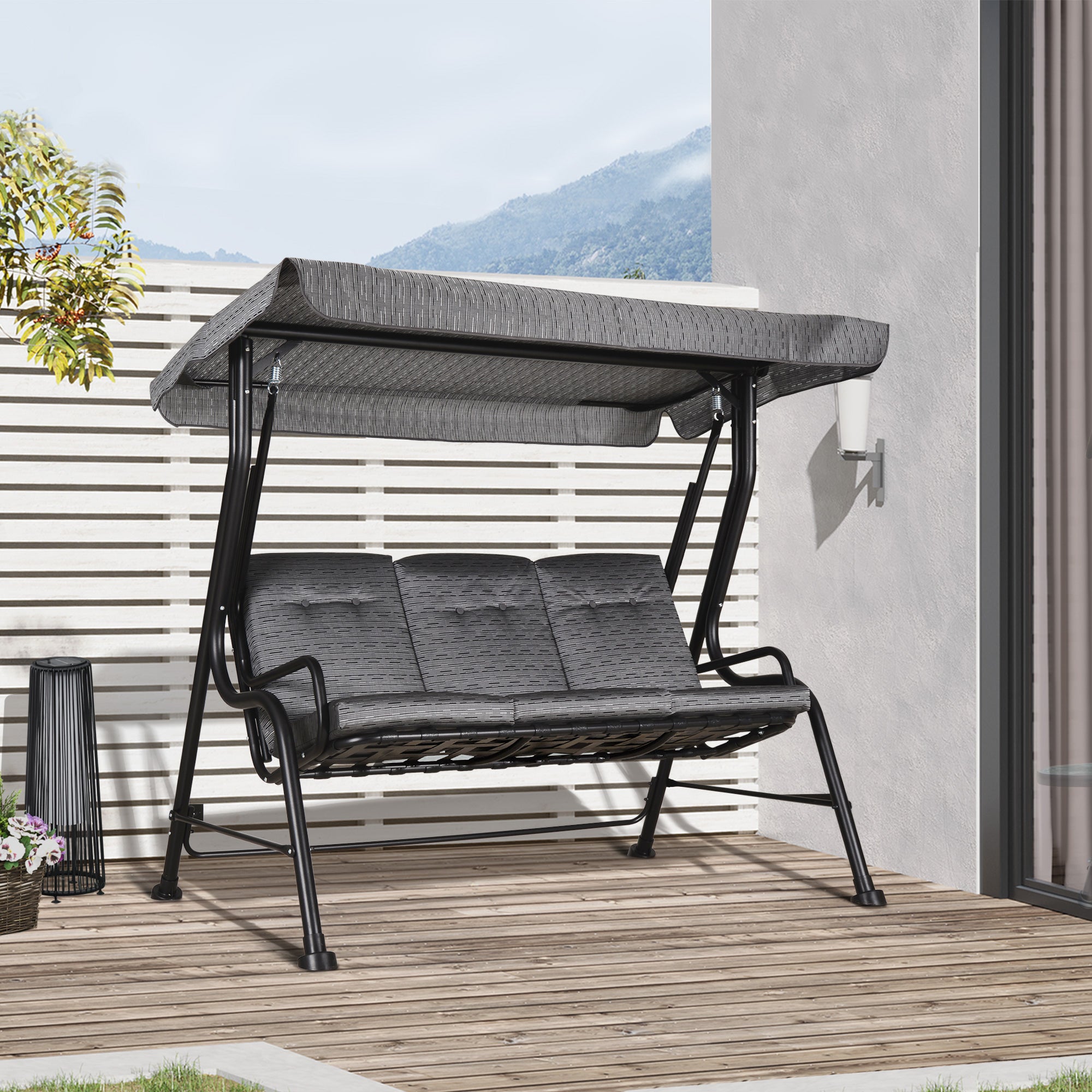 Outsunny 3-Person Porch Swing Patio Swing Chair with Canopy for Patio, Garden, Backyard, Poolside, Grey