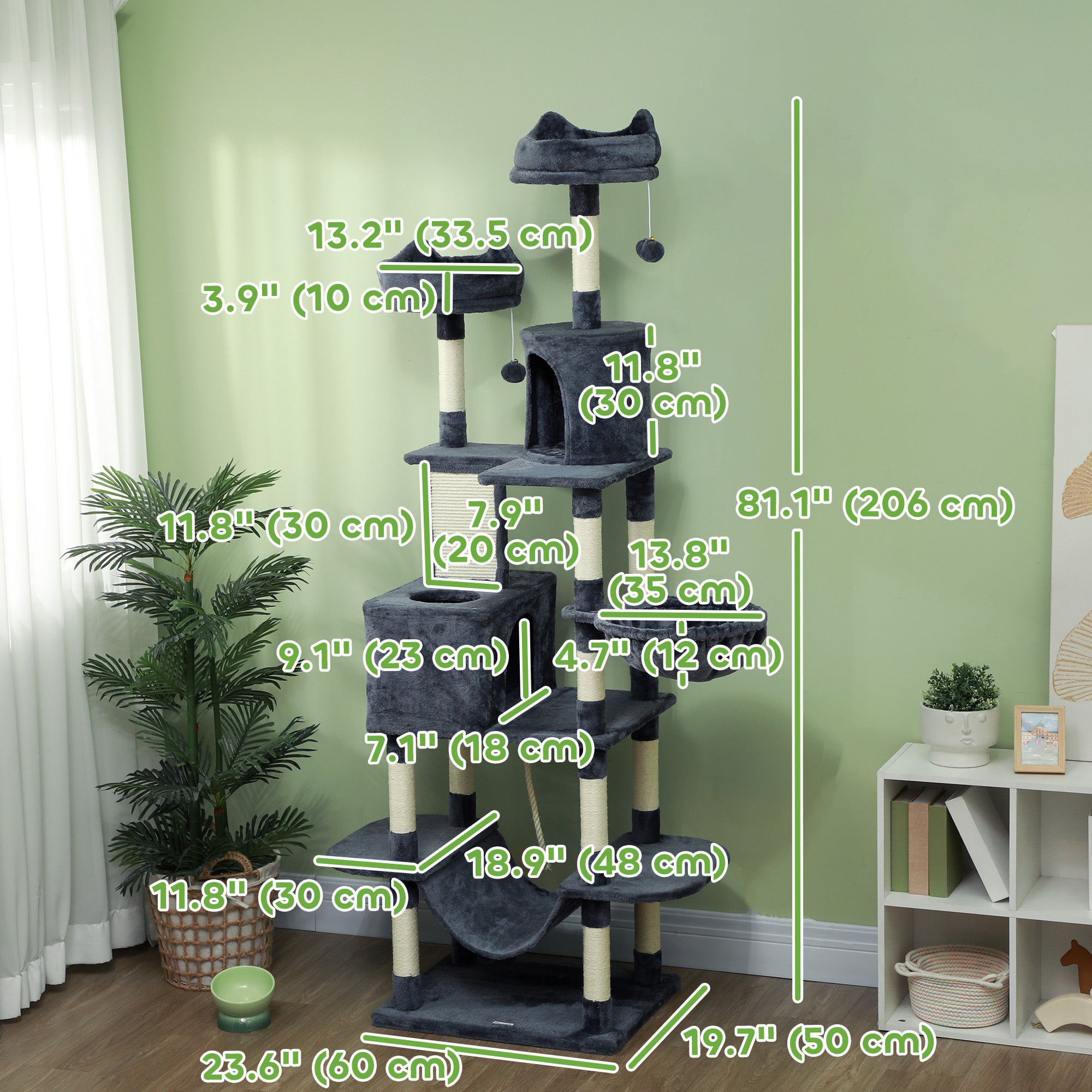 PawHut Cat Tower, 81" Cat Tree for Large Cats Adult w/ Scratching Posts, Scratching Board, Cat Condos, Cat Beds, Hammocks, Jumping Platforms, Toy Balls, Rope Cat Toy, Dark Grey