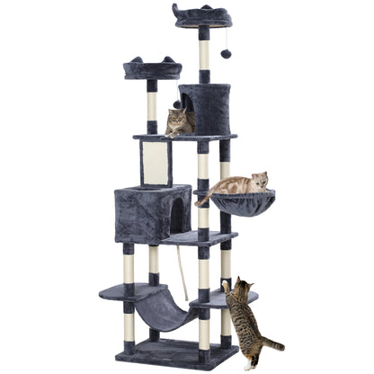 PawHut Cat Tower, 81" Cat Tree for Large Cats Adult w/ Scratching Posts, Scratching Board, Cat Condos, Cat Beds, Hammocks, Jumping Platforms, Toy Balls, Rope Cat Toy, Dark Grey