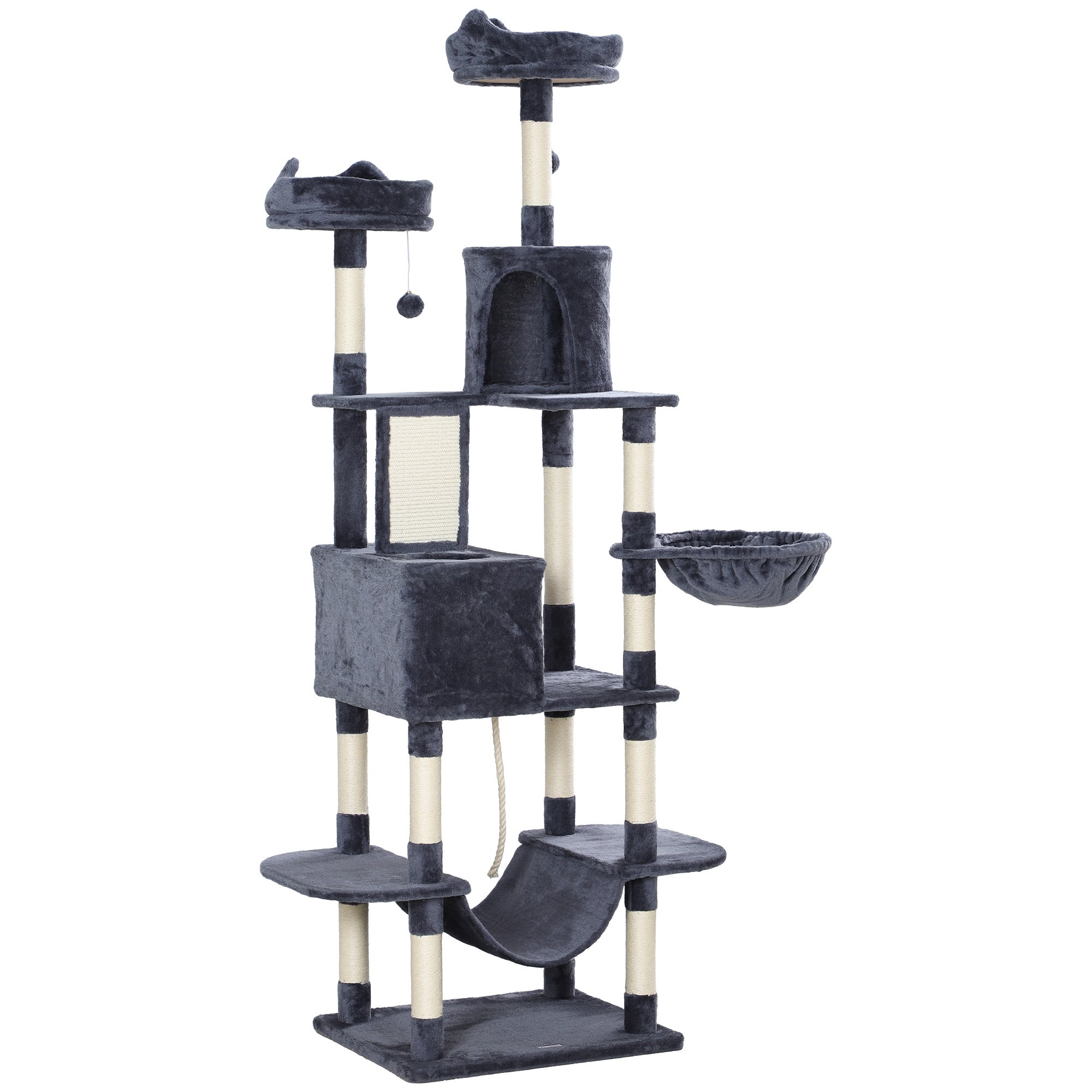 PawHut Cat Tower, 81" Cat Tree for Large Cats Adult w/ Scratching Posts, Scratching Board, Cat Condos, Cat Beds, Hammocks, Jumping Platforms, Toy Balls, Rope Cat Toy, Dark Grey