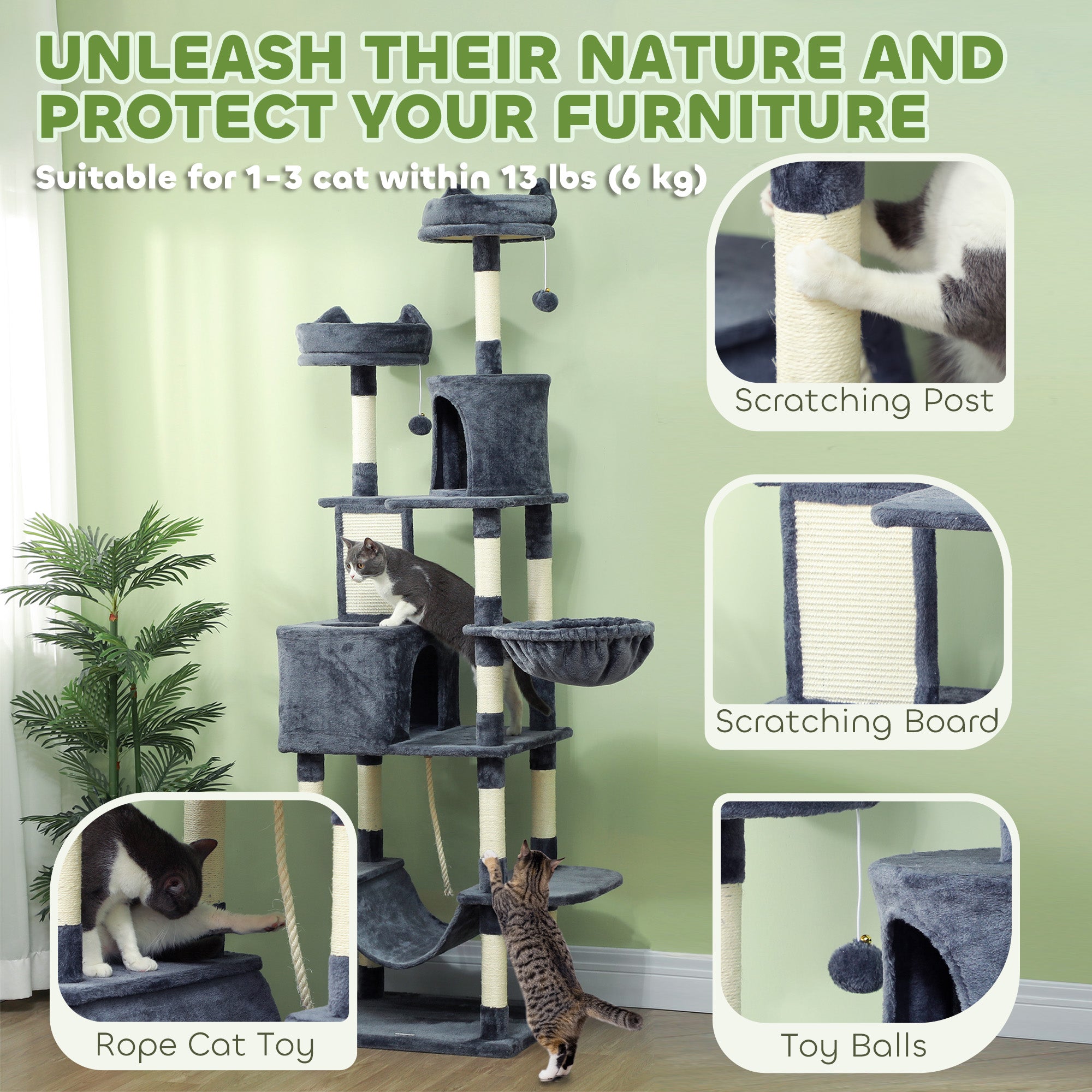 PawHut Cat Tower, 81" Cat Tree for Large Cats Adult w/ Scratching Posts, Scratching Board, Cat Condos, Cat Beds, Hammocks, Jumping Platforms, Toy Balls, Rope Cat Toy, Dark Grey