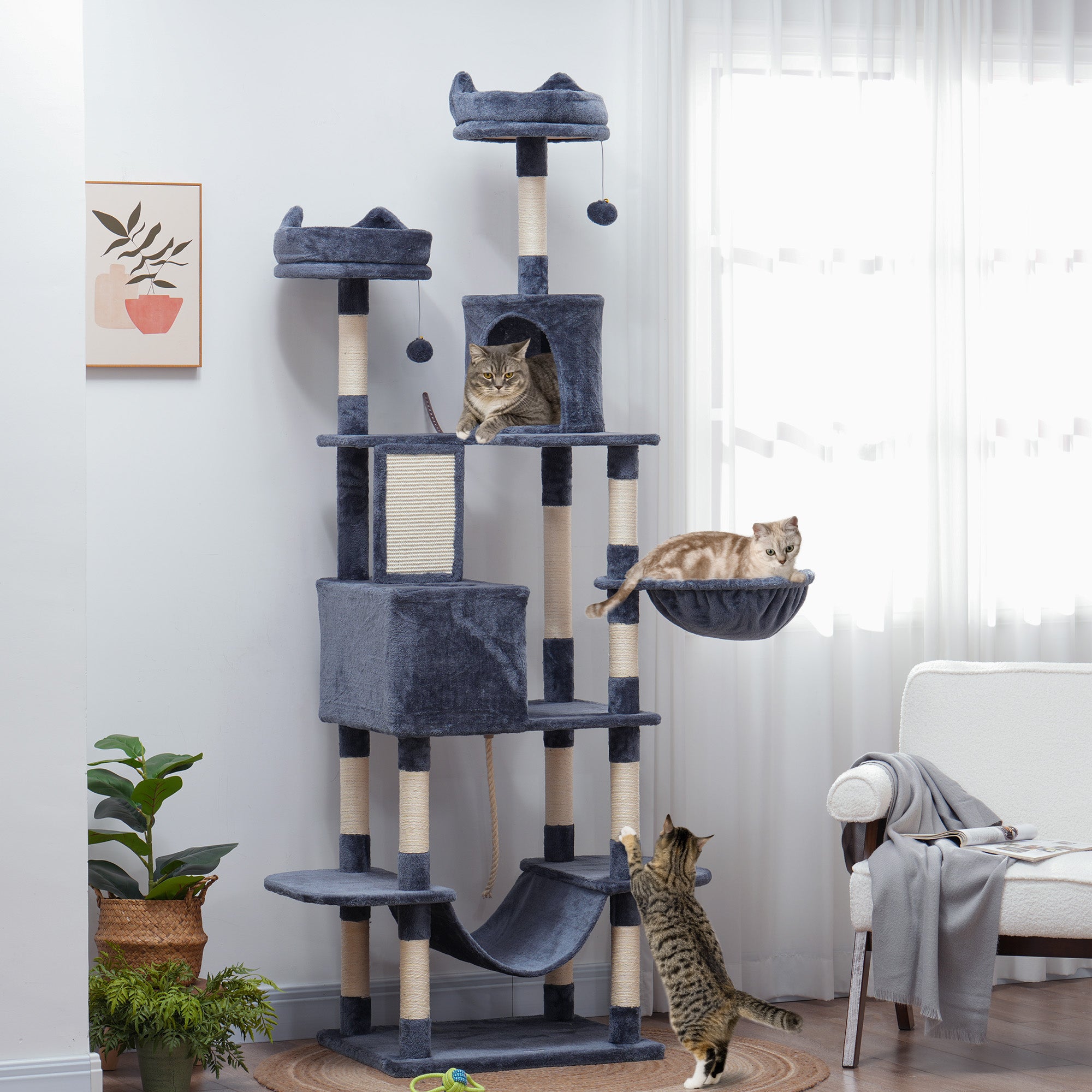 PawHut Cat Tower, 81" Cat Tree for Large Cats Adult w/ Scratching Posts, Scratching Board, Cat Condos, Cat Beds, Hammocks, Jumping Platforms, Toy Balls, Rope Cat Toy, Dark Grey