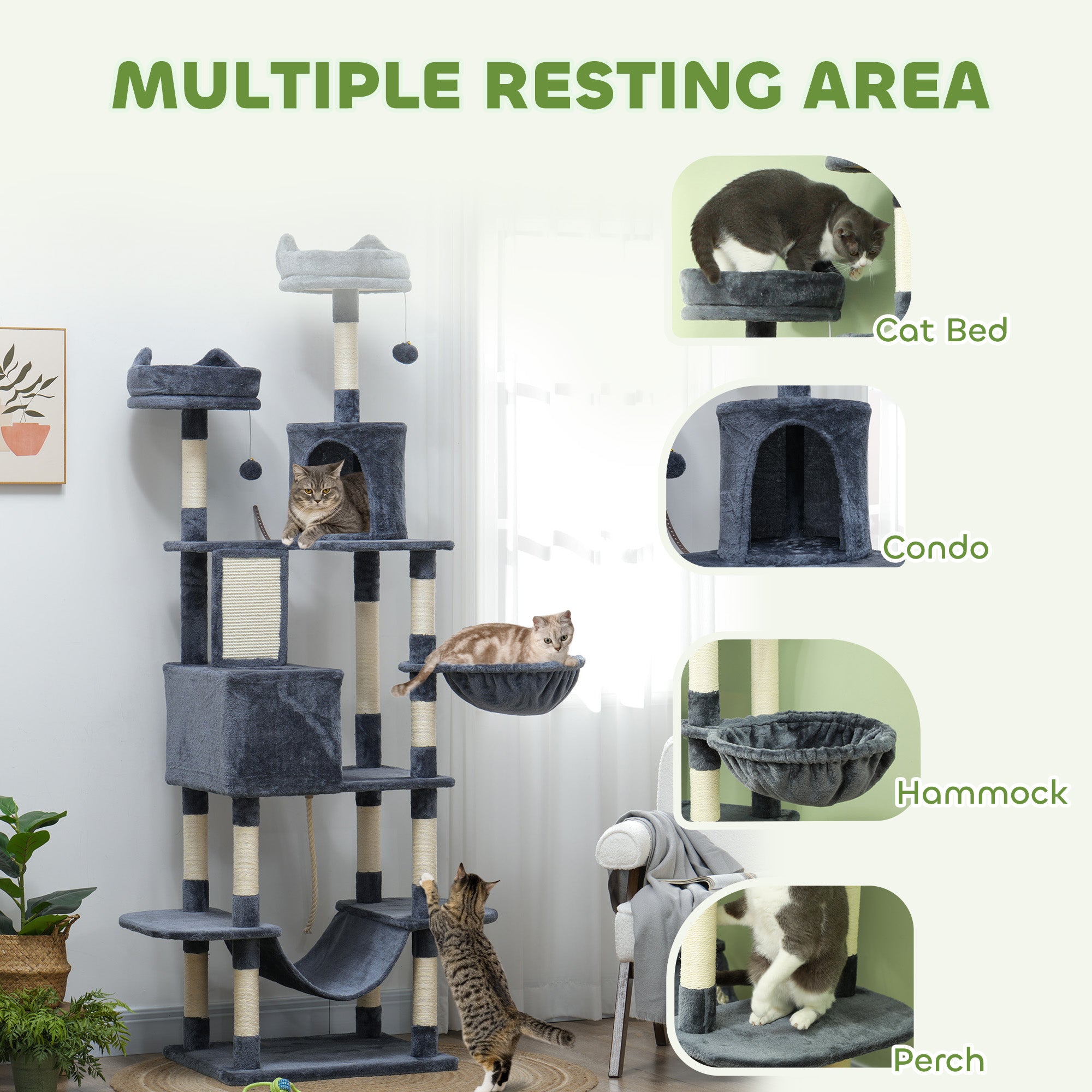PawHut Cat Tower, 81" Cat Tree for Large Cats Adult w/ Scratching Posts, Scratching Board, Cat Condos, Cat Beds, Hammocks, Jumping Platforms, Toy Balls, Rope Cat Toy, Dark Grey