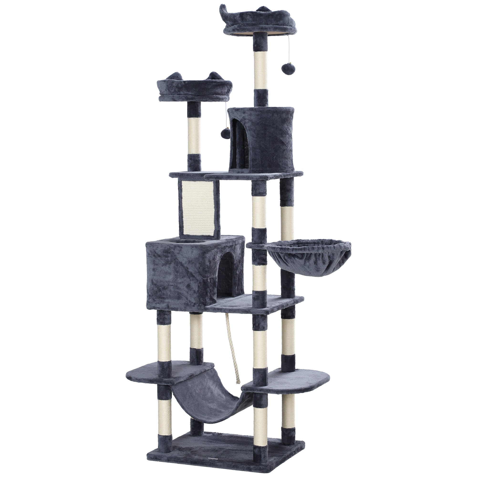 PawHut Cat Tower, 81" Cat Tree for Large Cats Adult w/ Scratching Posts, Scratching Board, Cat Condos, Cat Beds, Hammocks, Jumping Platforms, Toy Balls, Rope Cat Toy, Dark Grey