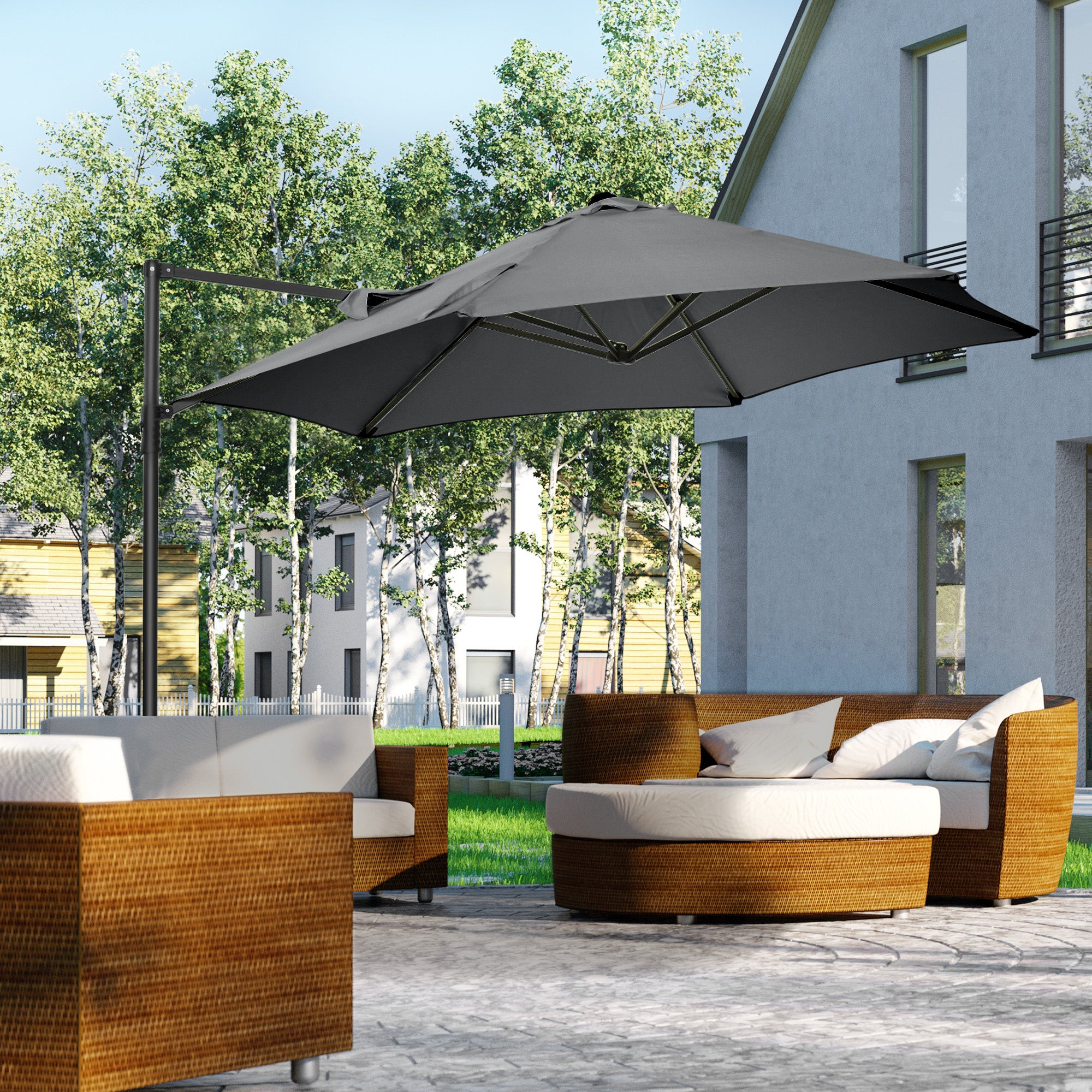 Outsunny 8.5FT Offset Patio Umbrella with 360° Rotation, Outdoor Cantilever Roma Parasol Hanging Sun Shade Canopy Shelter with Cross Base, Dark Grey