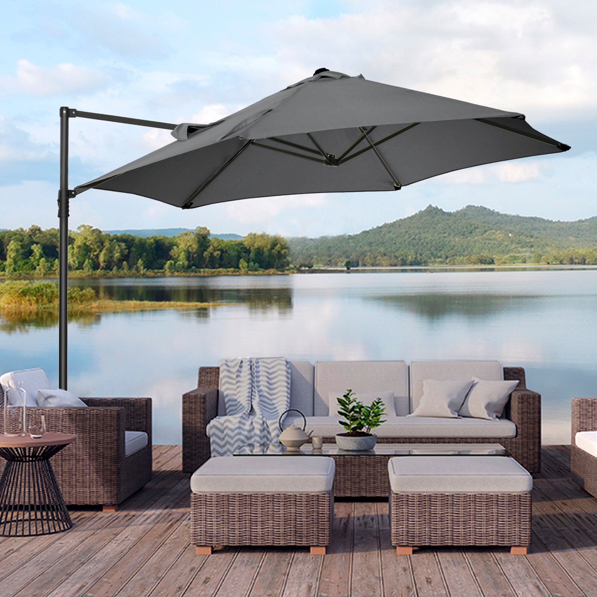 Outsunny 8.5FT Offset Patio Umbrella with 360° Rotation, Outdoor Cantilever Roma Parasol Hanging Sun Shade Canopy Shelter with Cross Base, Dark Grey