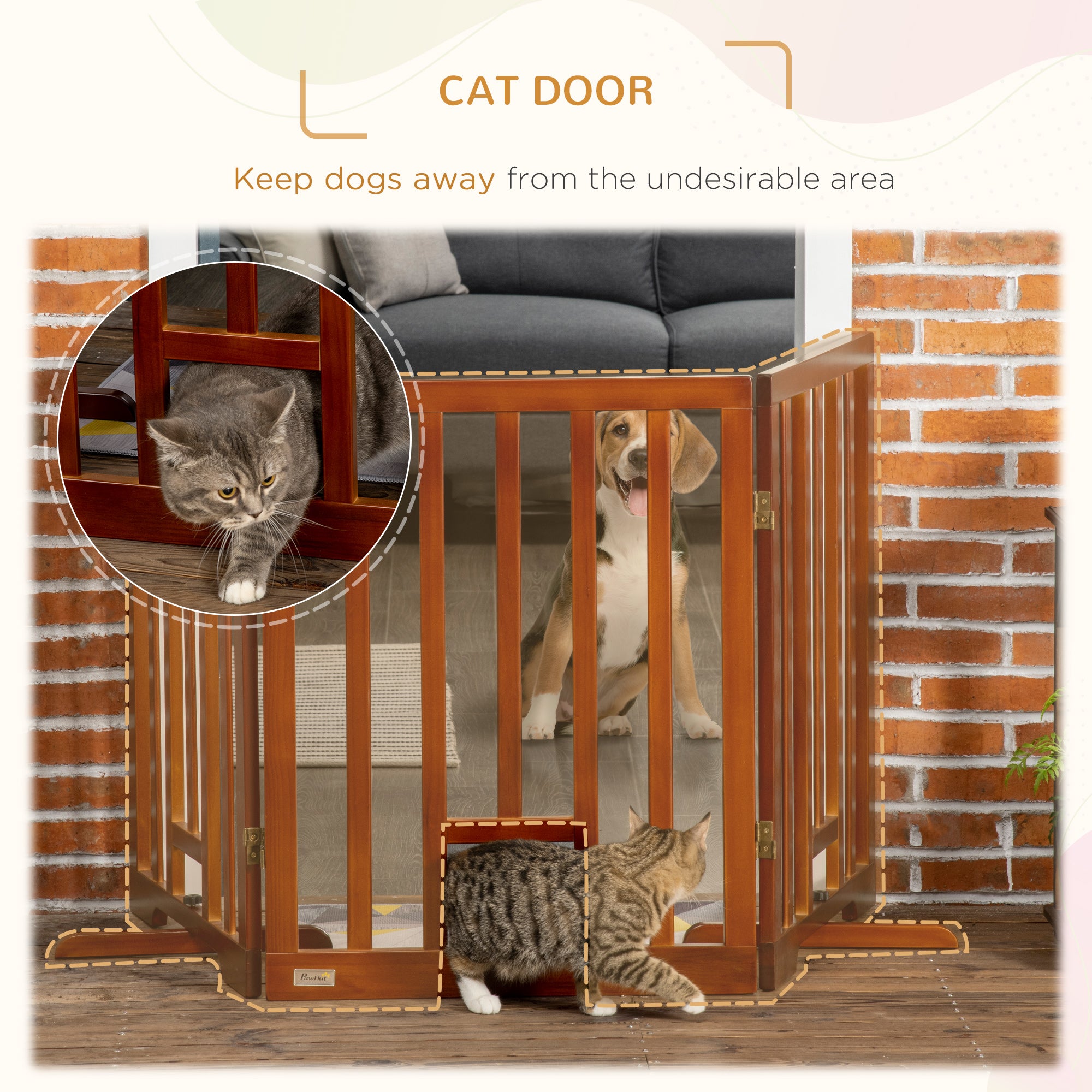 PawHut Freestanding Pet Gate with 2PCS Support Feet, 3 Panels Folding Dog Gates for the House Doorway Stairs, with Cat Door, Expands up to 71.3" Wide, 29.9" Tall, Espresso