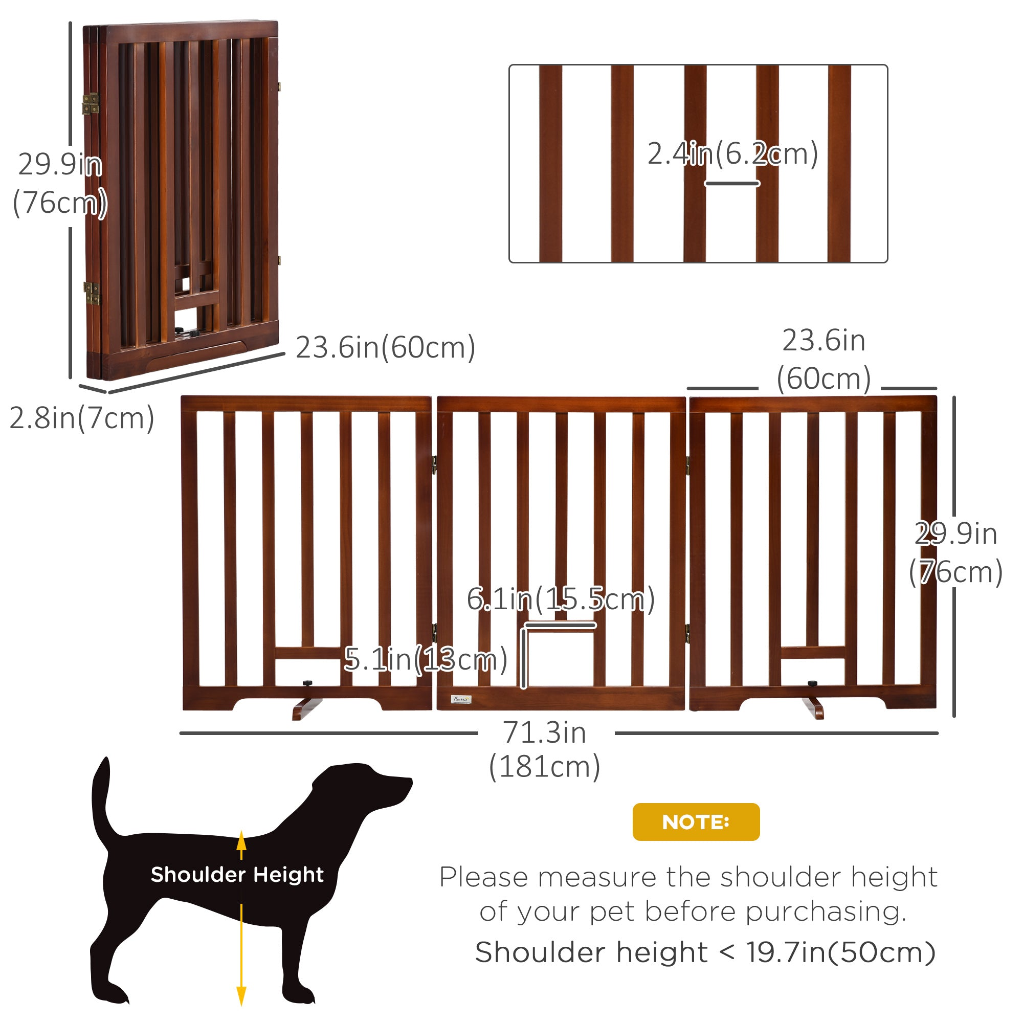 PawHut Freestanding Pet Gate with 2PCS Support Feet, 3 Panels Folding Dog Gates for the House Doorway Stairs, with Cat Door, Expands up to 71.3" Wide, 29.9" Tall, Espresso