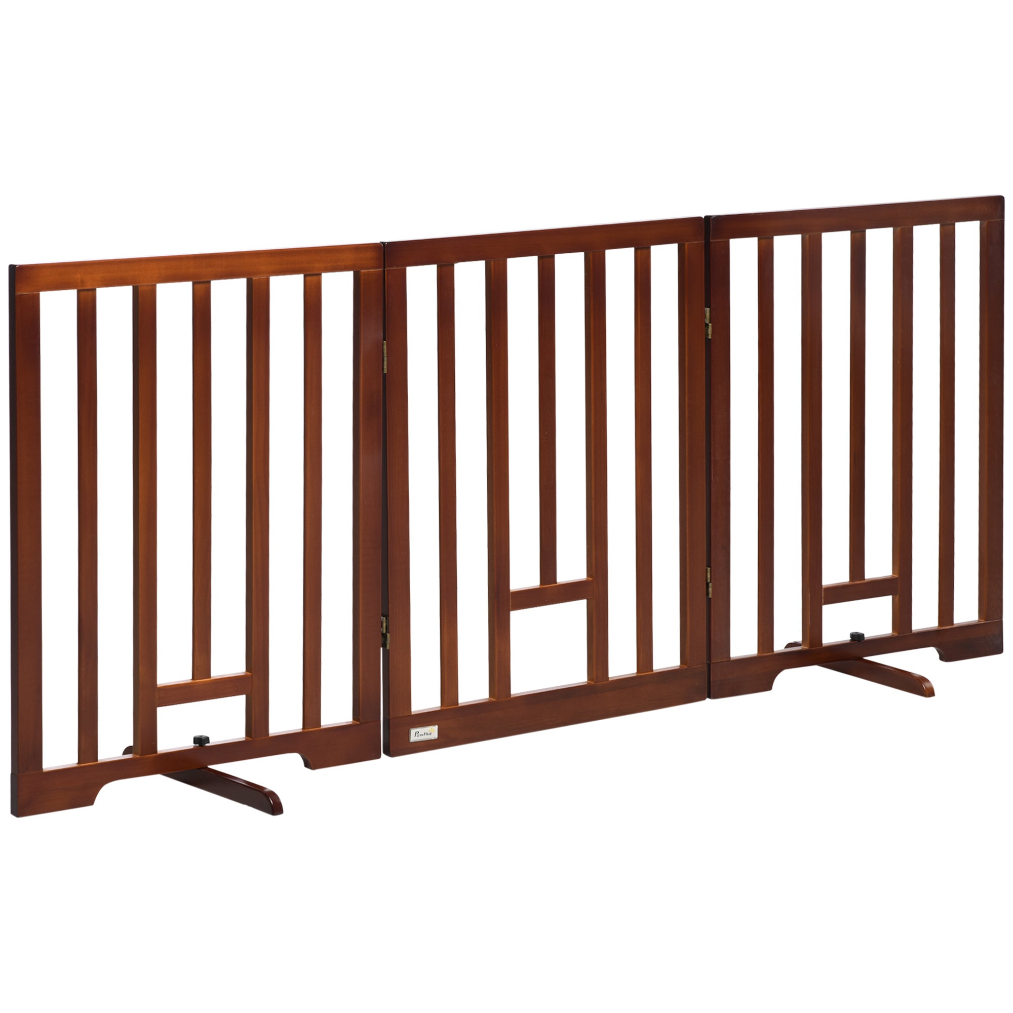 PawHut Freestanding Pet Gate with 2PCS Support Feet, 3 Panels Folding Dog Gates for the House Doorway Stairs, with Cat Door, Expands up to 71.3" Wide, 29.9" Tall, Espresso