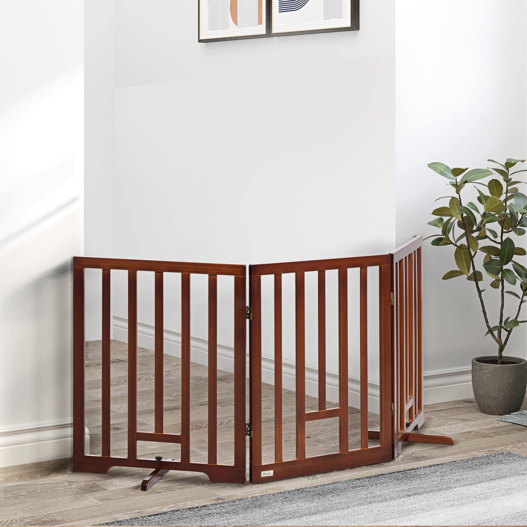 PawHut Freestanding Pet Gate with 2PCS Support Feet, 3 Panels Folding Dog Gates for the House Doorway Stairs, with Cat Door, Expands up to 71.3" Wide, 29.9" Tall, Espresso