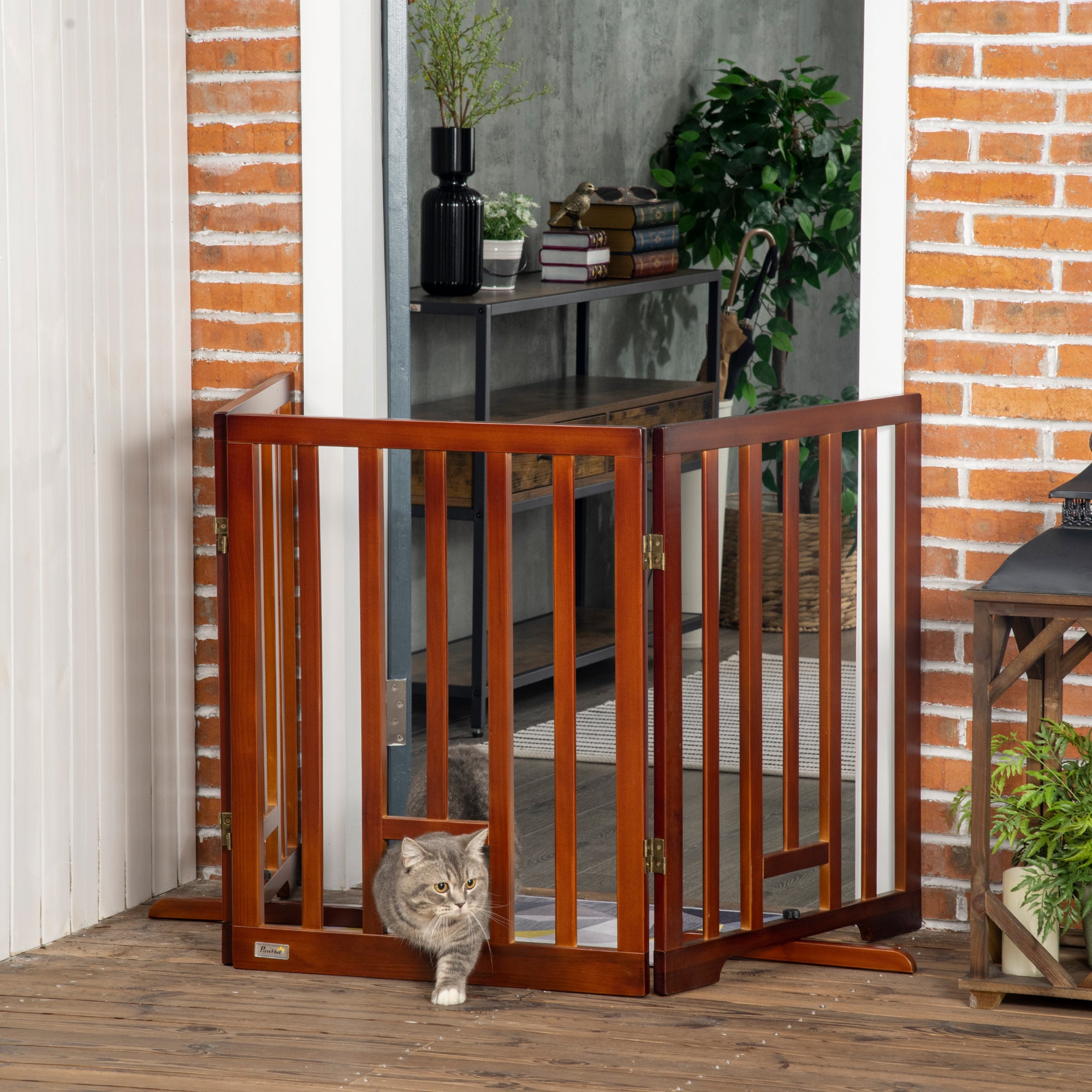 PawHut Freestanding Pet Gate with 2PCS Support Feet, 3 Panels Folding Dog Gates for the House Doorway Stairs, with Cat Door, Expands up to 71.3" Wide, 29.9" Tall, Espresso