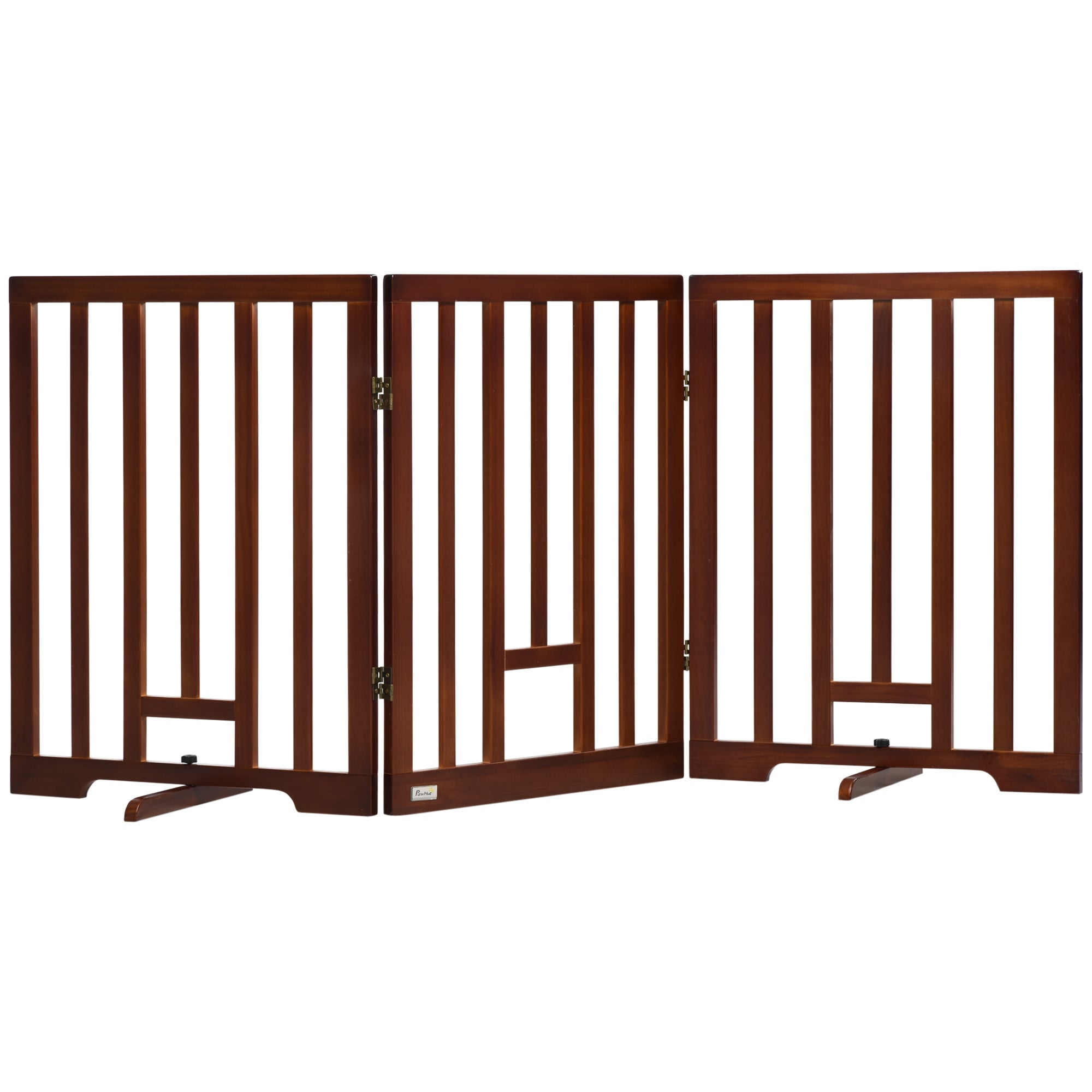 PawHut Freestanding Pet Gate with 2PCS Support Feet, 3 Panels Folding Dog Gates for the House Doorway Stairs, with Cat Door, Expands up to 71.3" Wide, 29.9" Tall, Espresso