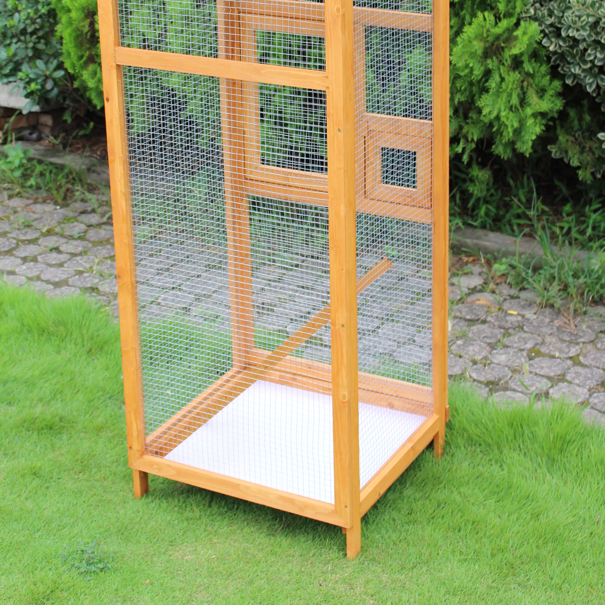 PawHut 65" Wooden Aviary Bird Cage Outdoor Large Bird Play House Ladder Feeder Stand With 2 Doors & Easy Pullout Tray