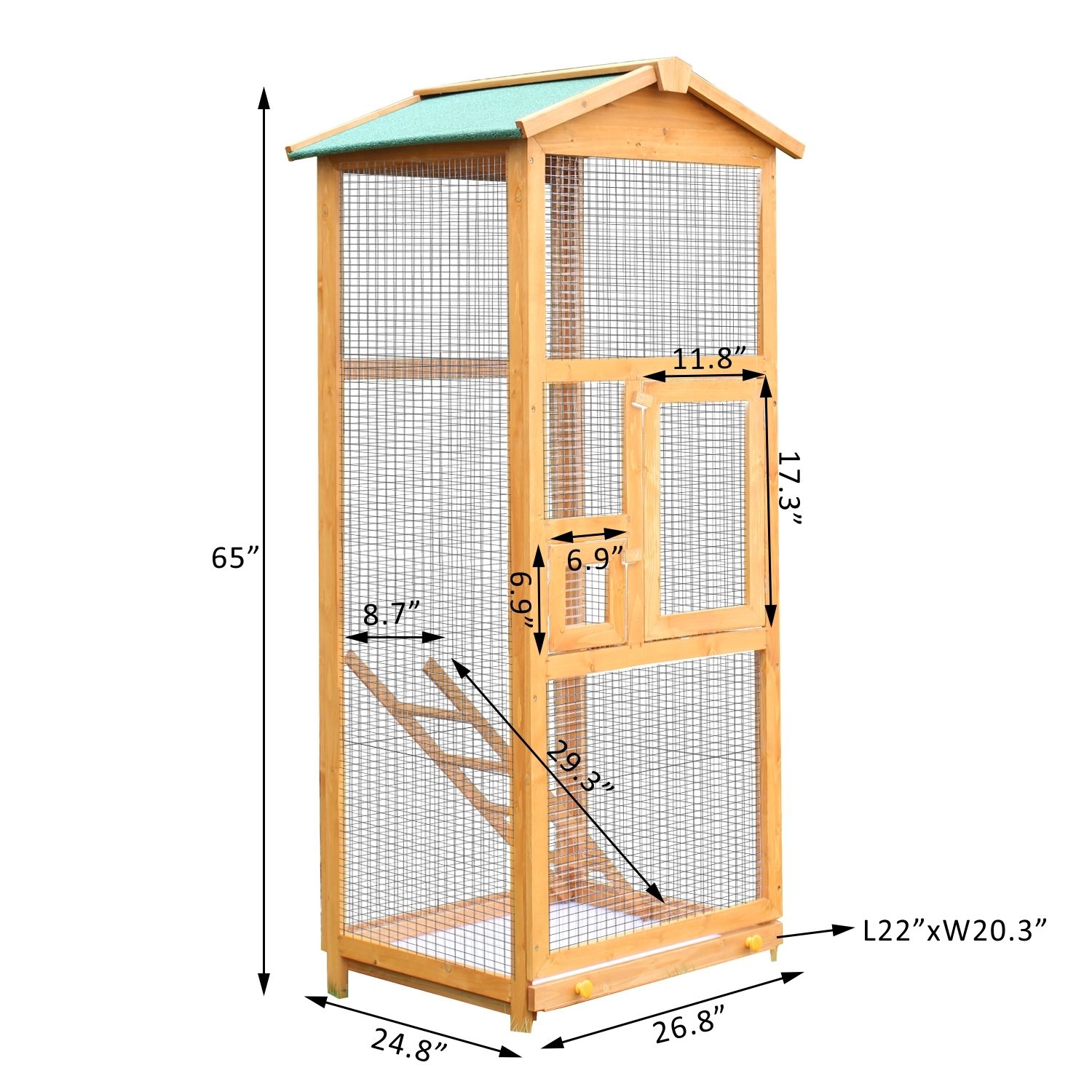 PawHut 65" Wooden Aviary Bird Cage Outdoor Large Bird Play House Ladder Feeder Stand With 2 Doors & Easy Pullout Tray