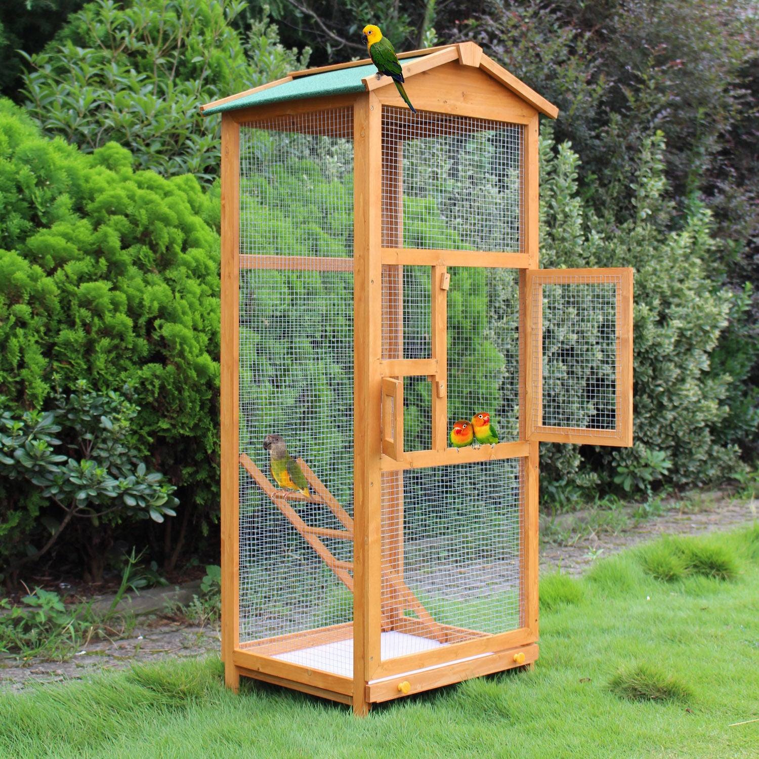 PawHut 65" Wooden Aviary Bird Cage Outdoor Large Bird Play House Ladder Feeder Stand With 2 Doors & Easy Pullout Tray