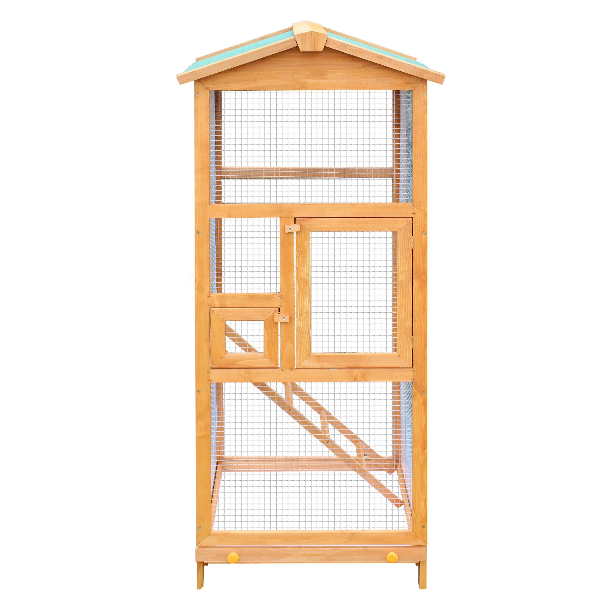 PawHut 65" Wooden Aviary Bird Cage Outdoor Large Bird Play House Ladder Feeder Stand With 2 Doors & Easy Pullout Tray