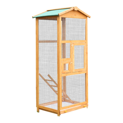 PawHut 65" Wooden Aviary Bird Cage Outdoor Large Bird Play House Ladder Feeder Stand With 2 Doors & Easy Pullout Tray