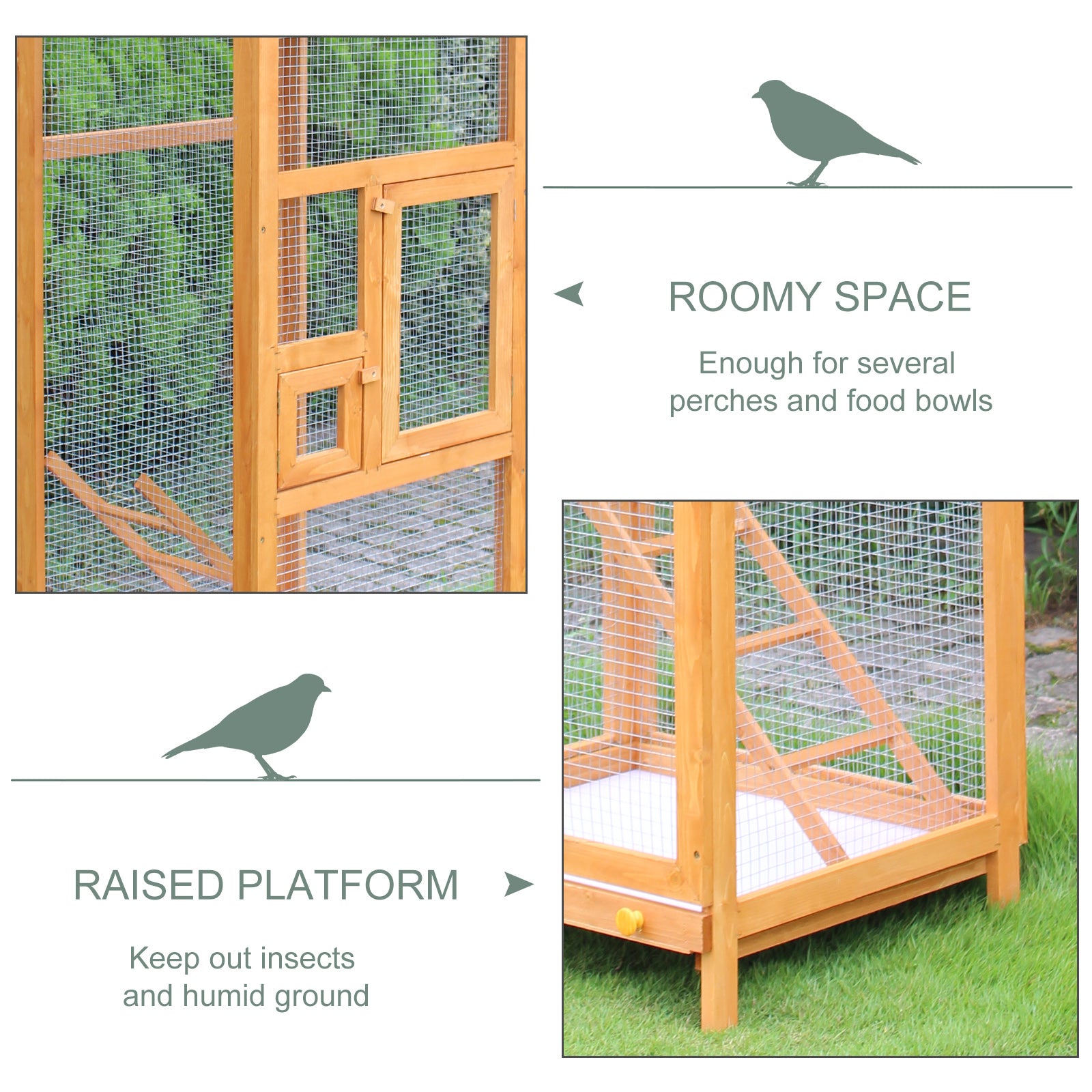 PawHut 65" Wooden Aviary Bird Cage Outdoor Large Bird Play House Ladder Feeder Stand With 2 Doors & Easy Pullout Tray