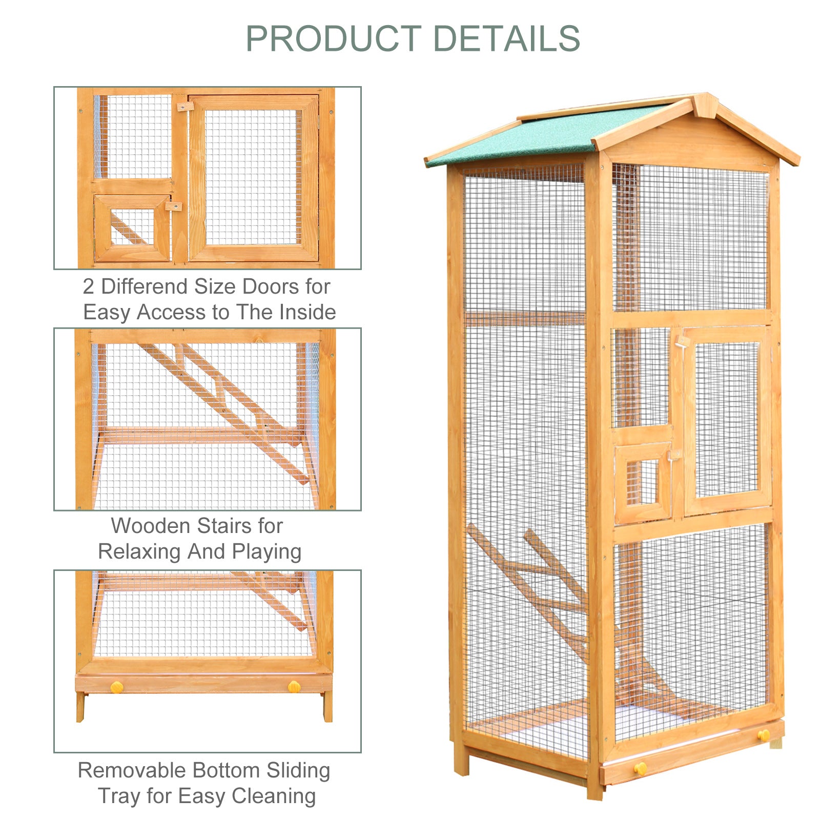 PawHut 65" Wooden Aviary Bird Cage Outdoor Large Bird Play House Ladder Feeder Stand With 2 Doors & Easy Pullout Tray