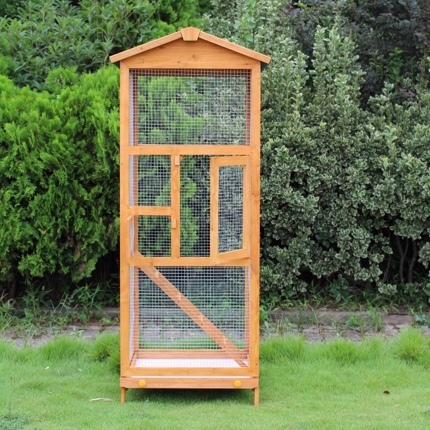 PawHut 65" Wooden Aviary Bird Cage Outdoor Large Bird Play House Ladder Feeder Stand With 2 Doors & Easy Pullout Tray