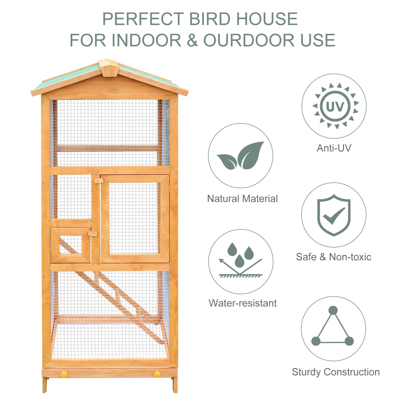PawHut 65" Wooden Aviary Bird Cage Outdoor Large Bird Play House Ladder Feeder Stand With 2 Doors & Easy Pullout Tray