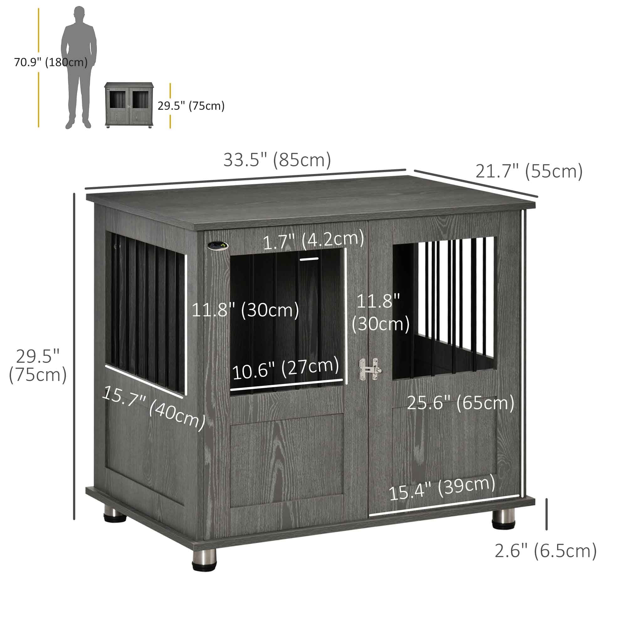PawHut Dog Crate Furniture with Lockable Magnetic Door, Adjustable feet, Indoor Dog Kennel End Table for Small & Medium Dogs, Grey