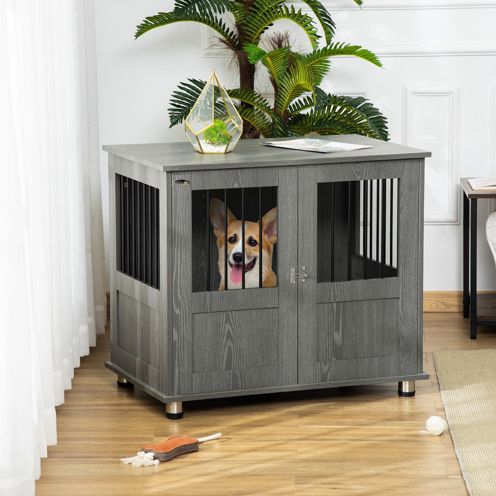 PawHut Dog Crate Furniture with Lockable Magnetic Door, Adjustable feet, Indoor Dog Kennel End Table for Small & Medium Dogs, Grey