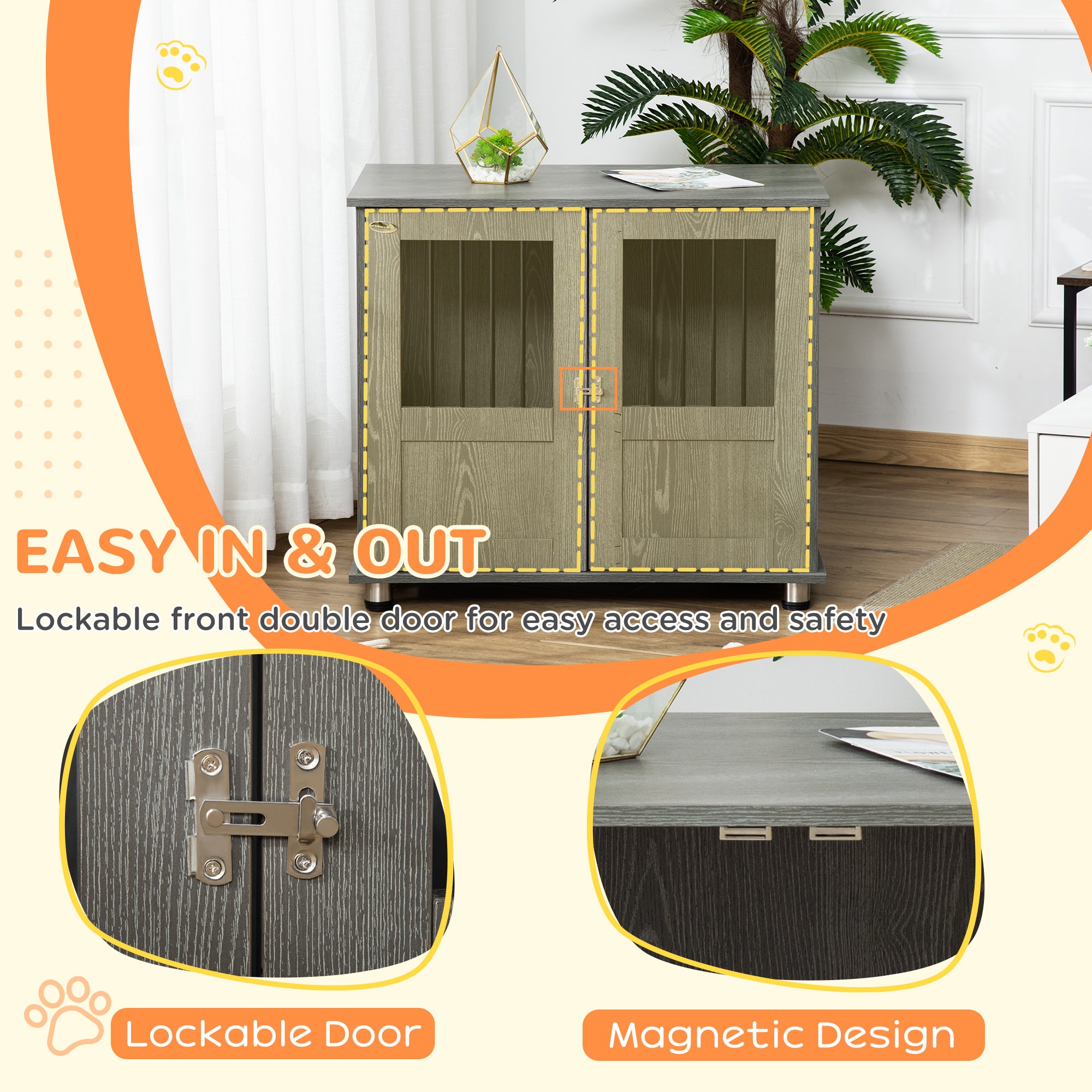 PawHut Dog Crate Furniture with Lockable Magnetic Door, Adjustable feet, Indoor Dog Kennel End Table for Small & Medium Dogs, Grey