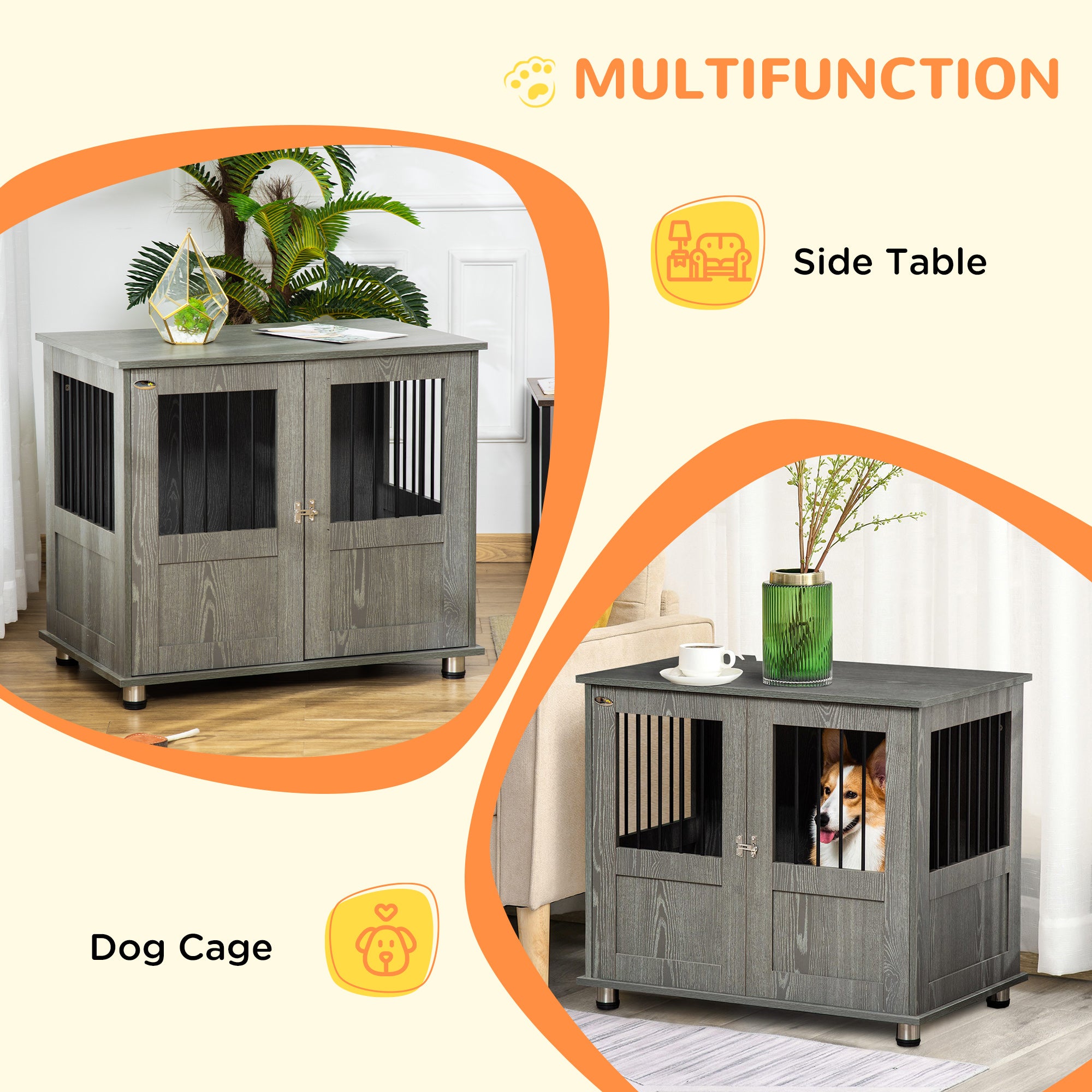 PawHut Dog Crate Furniture with Lockable Magnetic Door, Adjustable feet, Indoor Dog Kennel End Table for Small & Medium Dogs, Grey