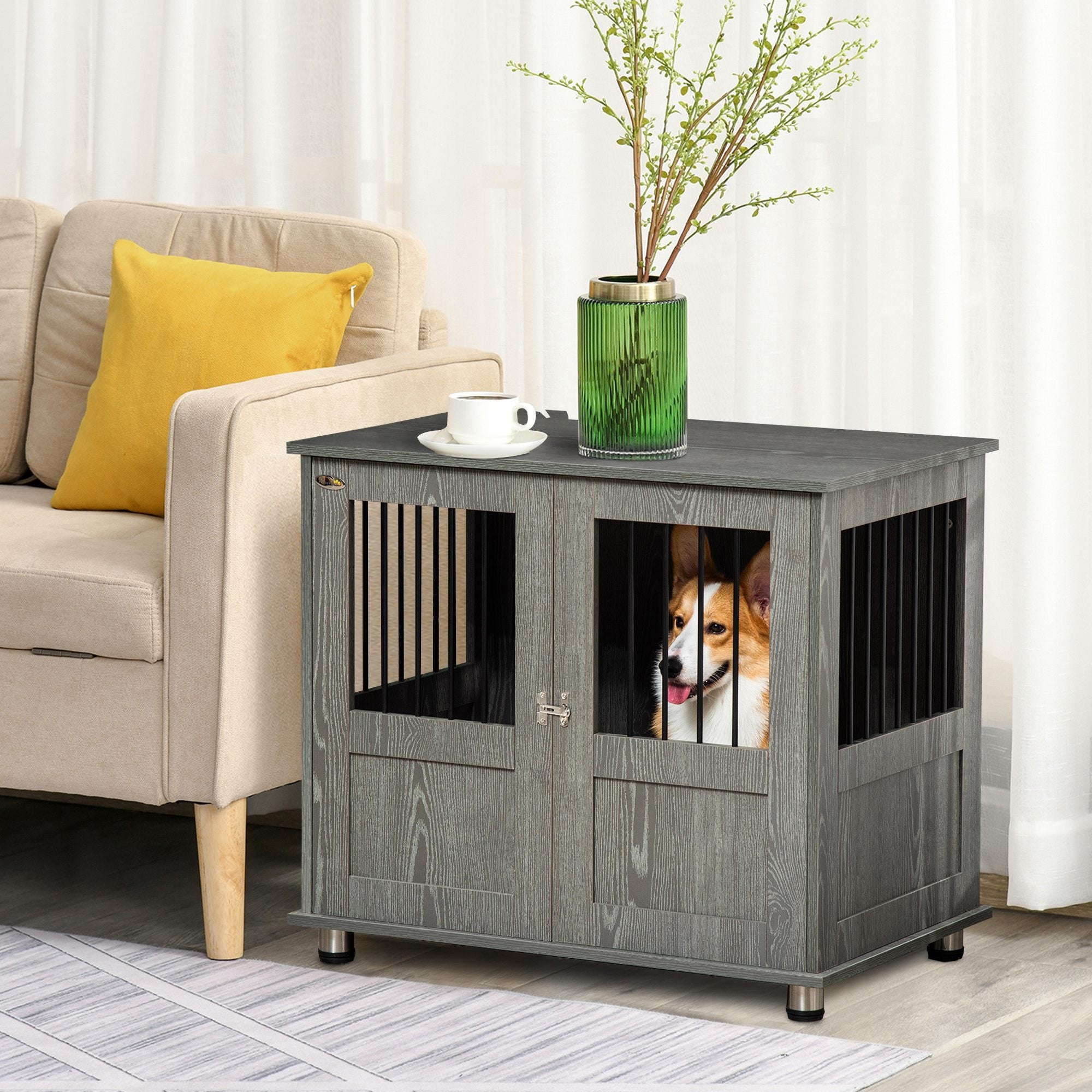 PawHut Dog Crate Furniture with Lockable Magnetic Door, Adjustable feet, Indoor Dog Kennel End Table for Small & Medium Dogs, Grey