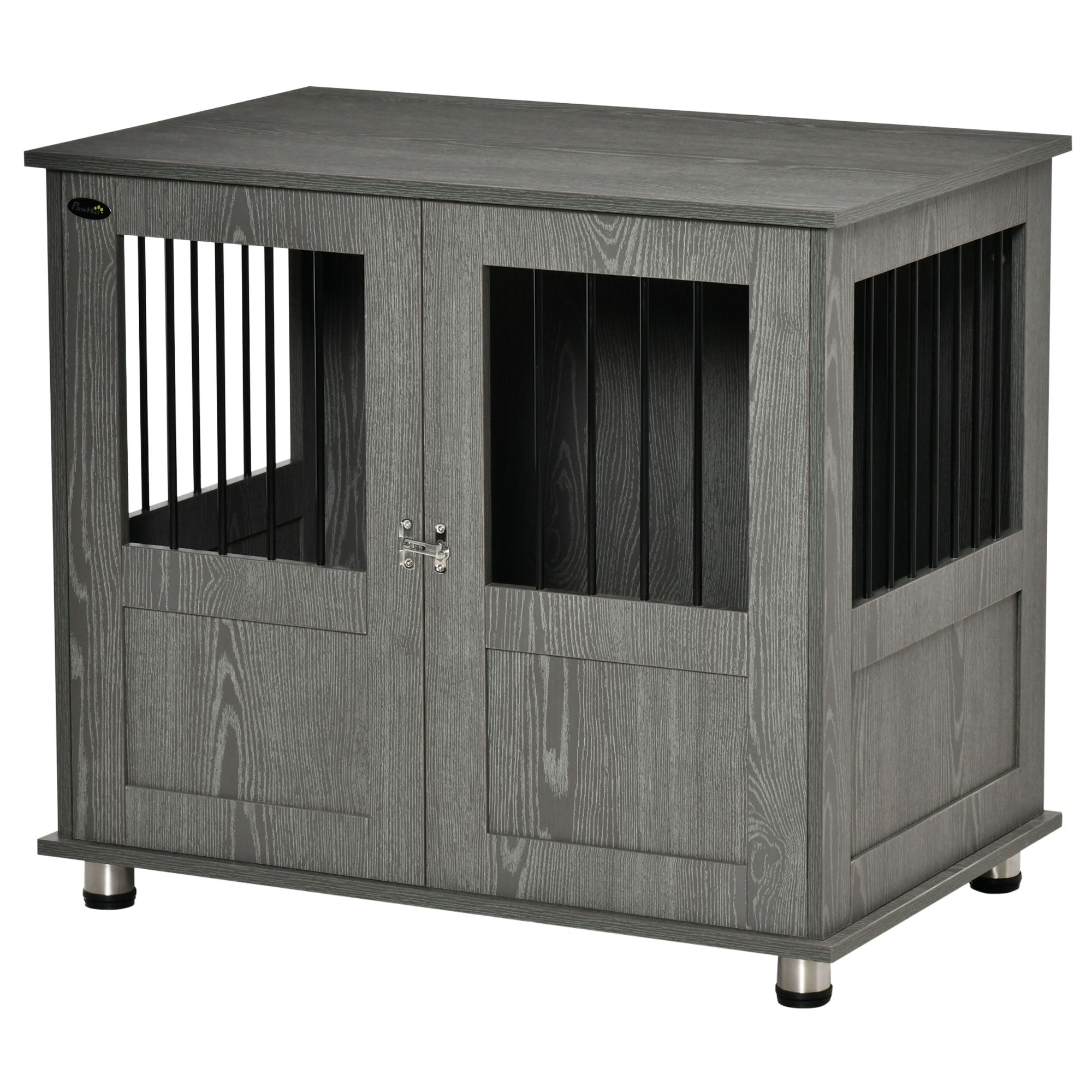 PawHut Dog Crate Furniture with Lockable Magnetic Door, Adjustable feet, Indoor Dog Kennel End Table for Small & Medium Dogs, Grey