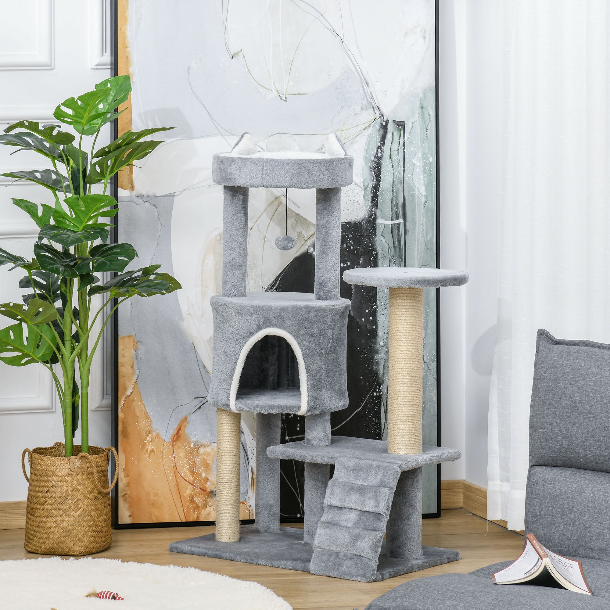 PawHut 100 cm Cat Tree, Cat Condo Tree Tower for Indoor Cats, Cat Activity Centre with Scratching Posts, Plush Perch, Ladder, Hanging Ball - Light Grey
