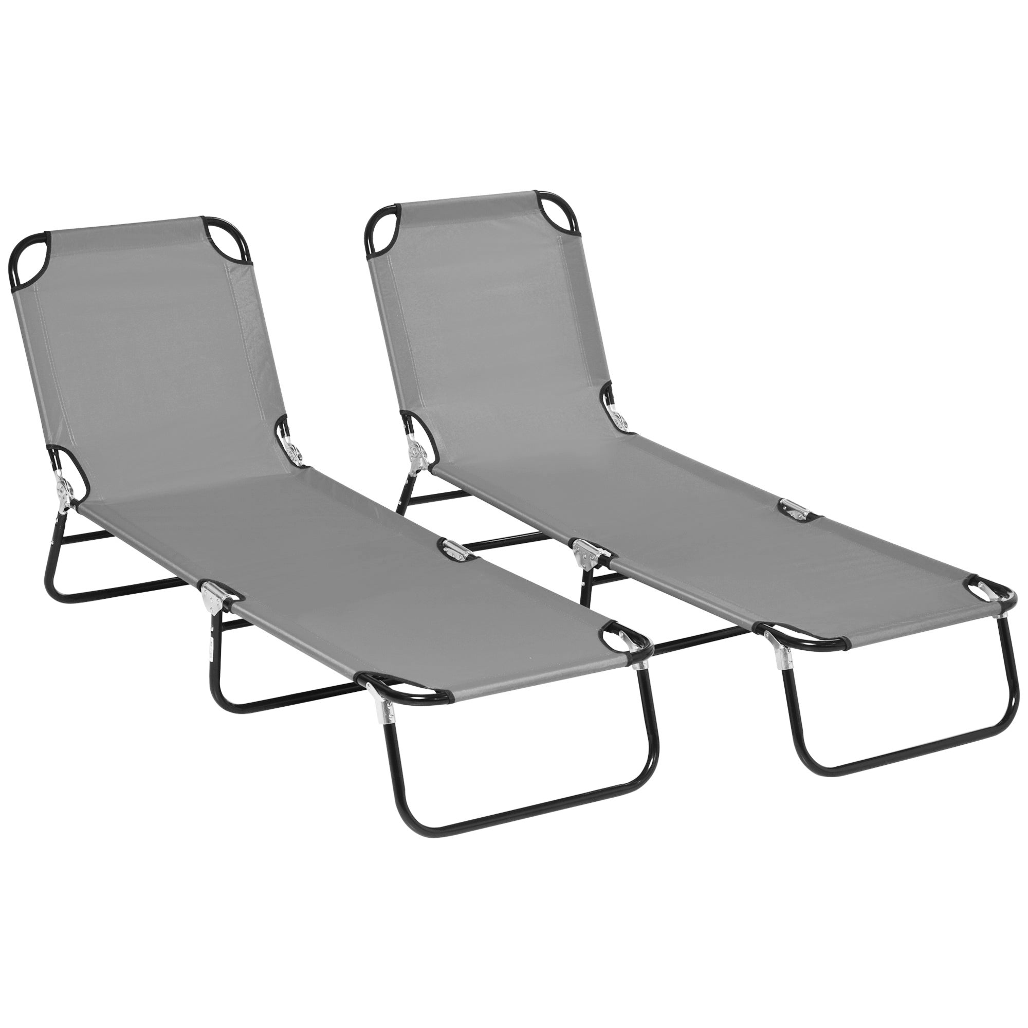 Outsunny Folding Outdoor Lounge Chair Set of 2, Steel Poolside Sun Tanning Chairs with 5 Level Reclining Back and Breathable Mesh for Beach, Yard, Patio, Dark Grey