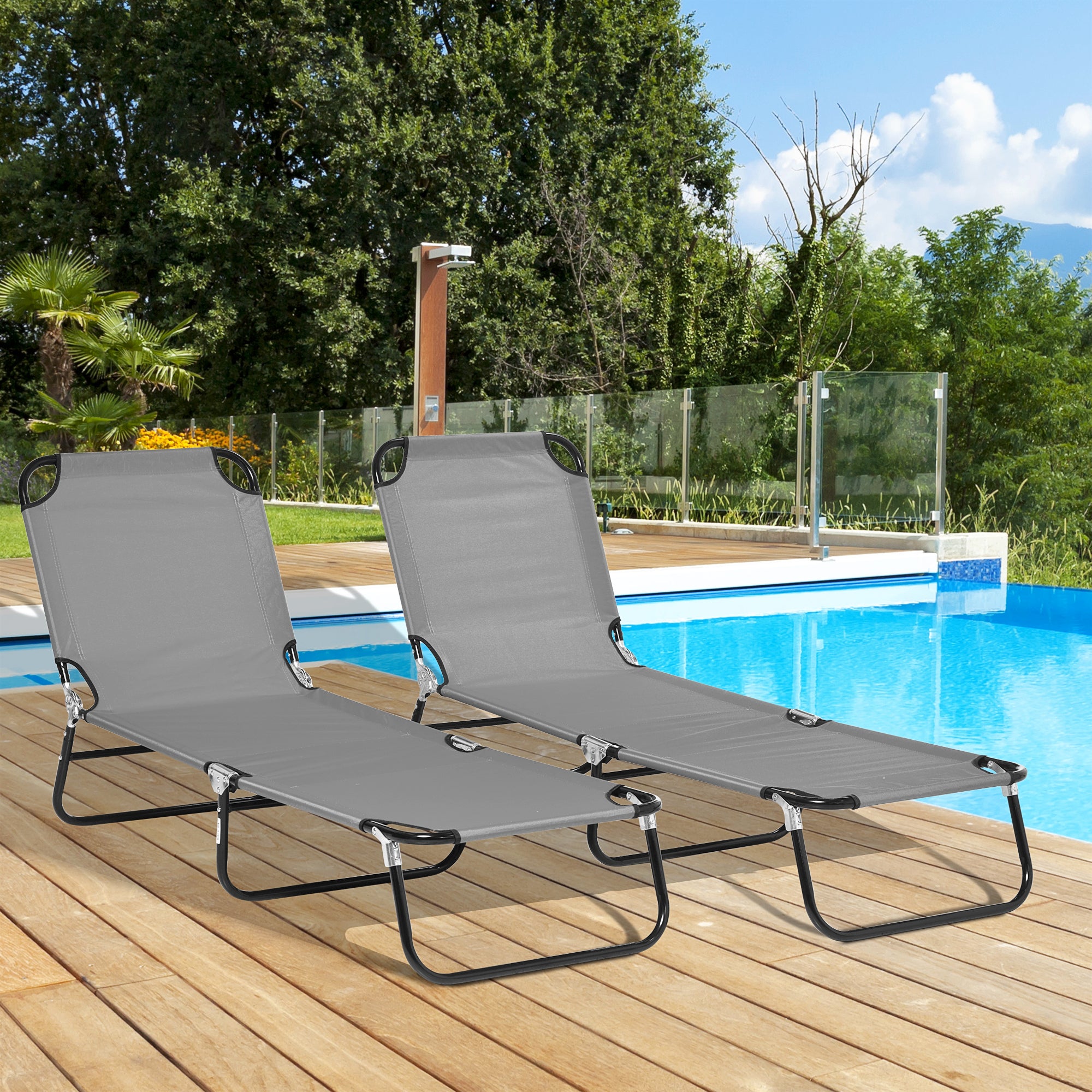 Outsunny Folding Outdoor Lounge Chair Set of 2, Steel Poolside Sun Tanning Chairs with 5 Level Reclining Back and Breathable Mesh for Beach, Yard, Patio, Dark Grey