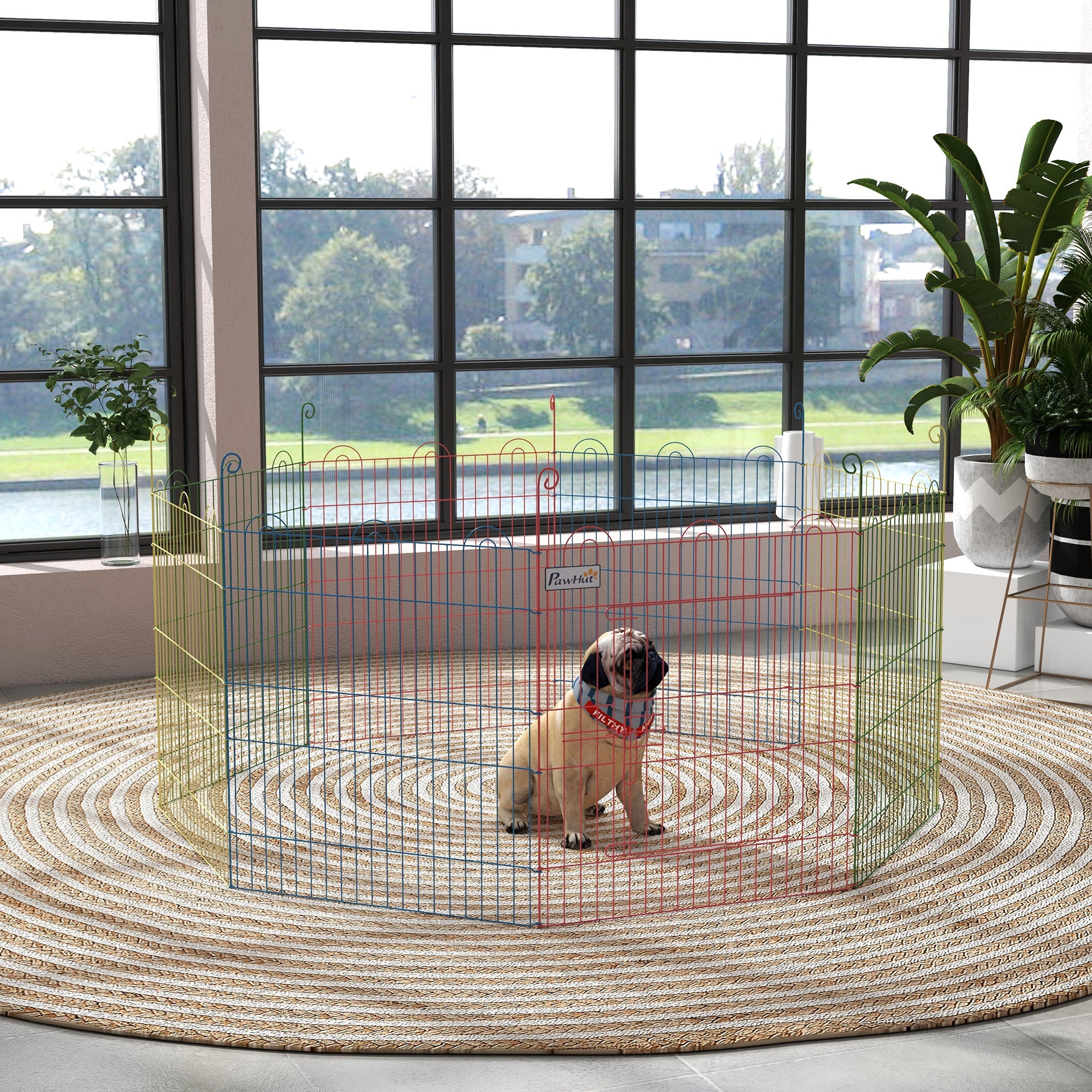PawHut Dog Playpen Puppy Pen Metal Rabbit Run Pet Crate Fence w/ Door Indoor & Outdoor, 60H x Φ156cm