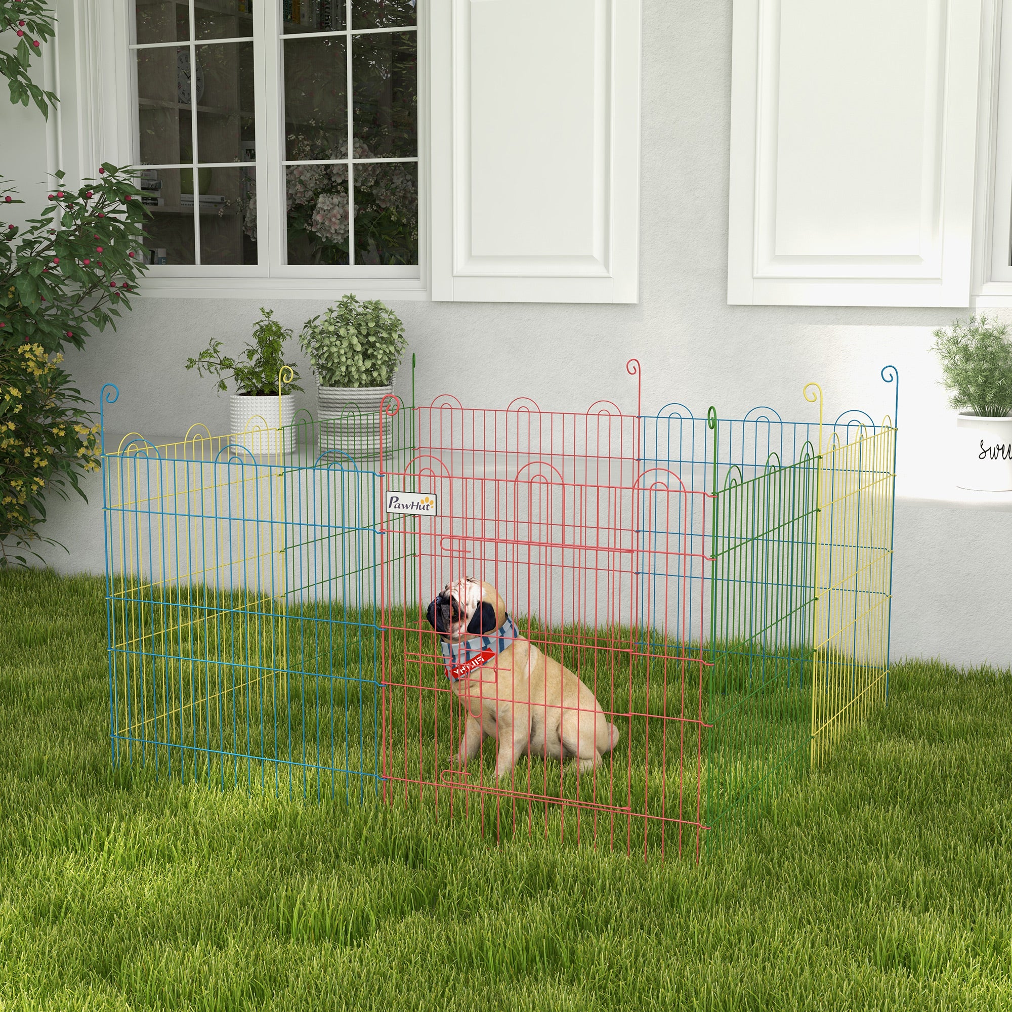 PawHut Dog Playpen Puppy Pen Metal Rabbit Run Pet Crate Fence w/ Door Indoor & Outdoor, 60H x Φ156cm