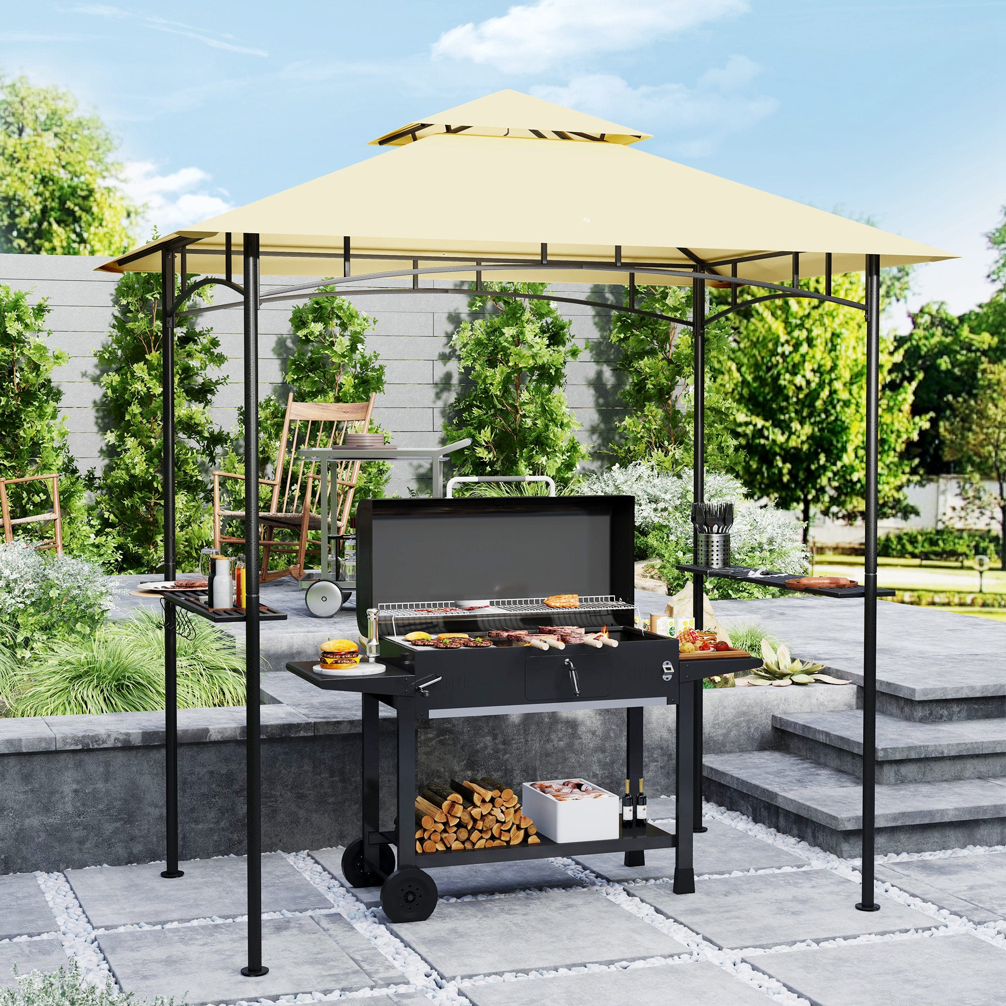 Outsunny 8' x 5' Grill Gazebo with LED Lights, Double Tiered Outdoor BBQ Gazebo Canopy with 2 Side Shelves, Storage Basket and Hooks for Patio, Garden, Backyard, Beige