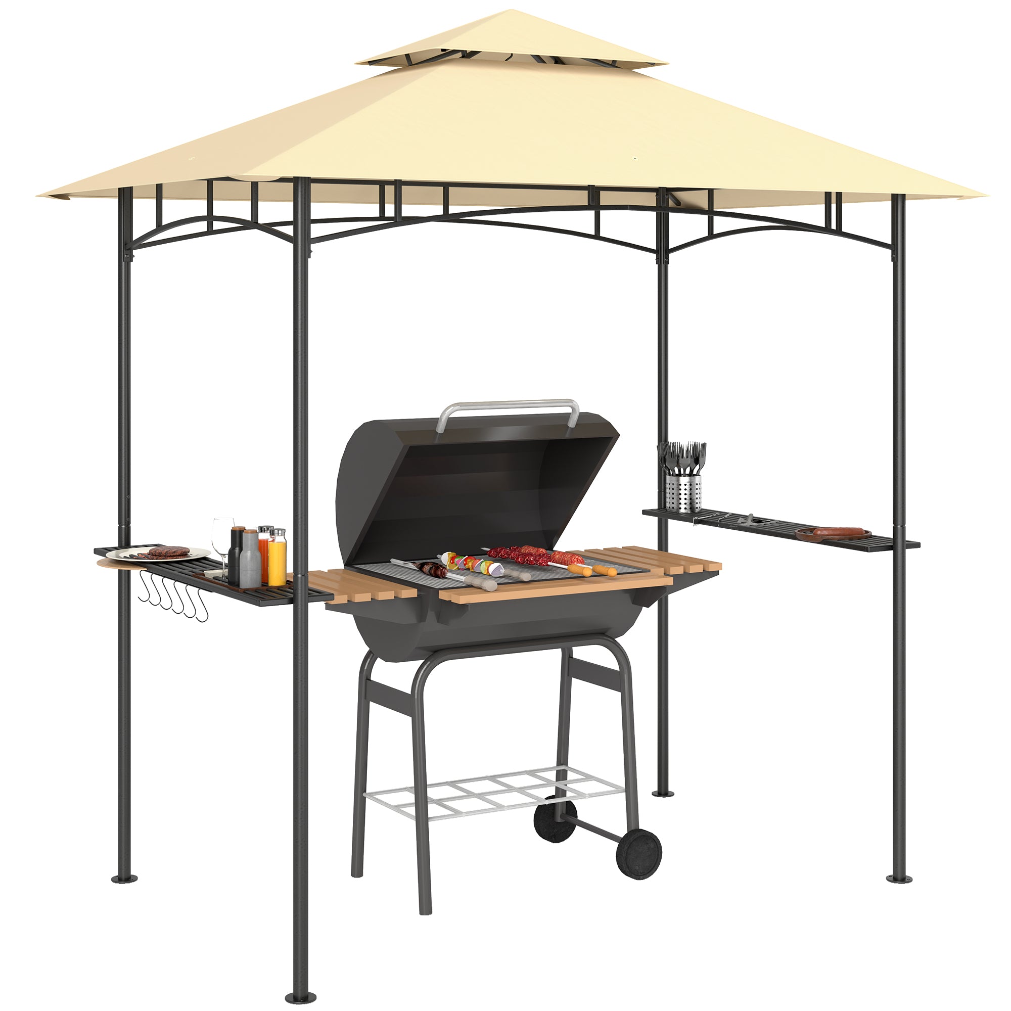Outsunny 8' x 5' Grill Gazebo with LED Lights, Double Tiered Outdoor BBQ Gazebo Canopy with 2 Side Shelves, Storage Basket and Hooks for Patio, Garden, Backyard, Beige