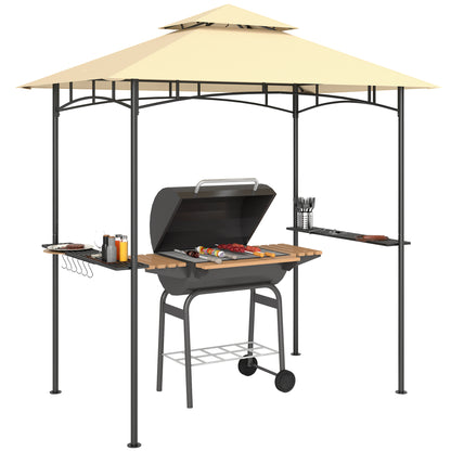 Outsunny 8' x 5' Grill Gazebo with LED Lights, Double Tiered Outdoor BBQ Gazebo Canopy with 2 Side Shelves, Storage Basket and Hooks for Patio, Garden, Backyard, Beige