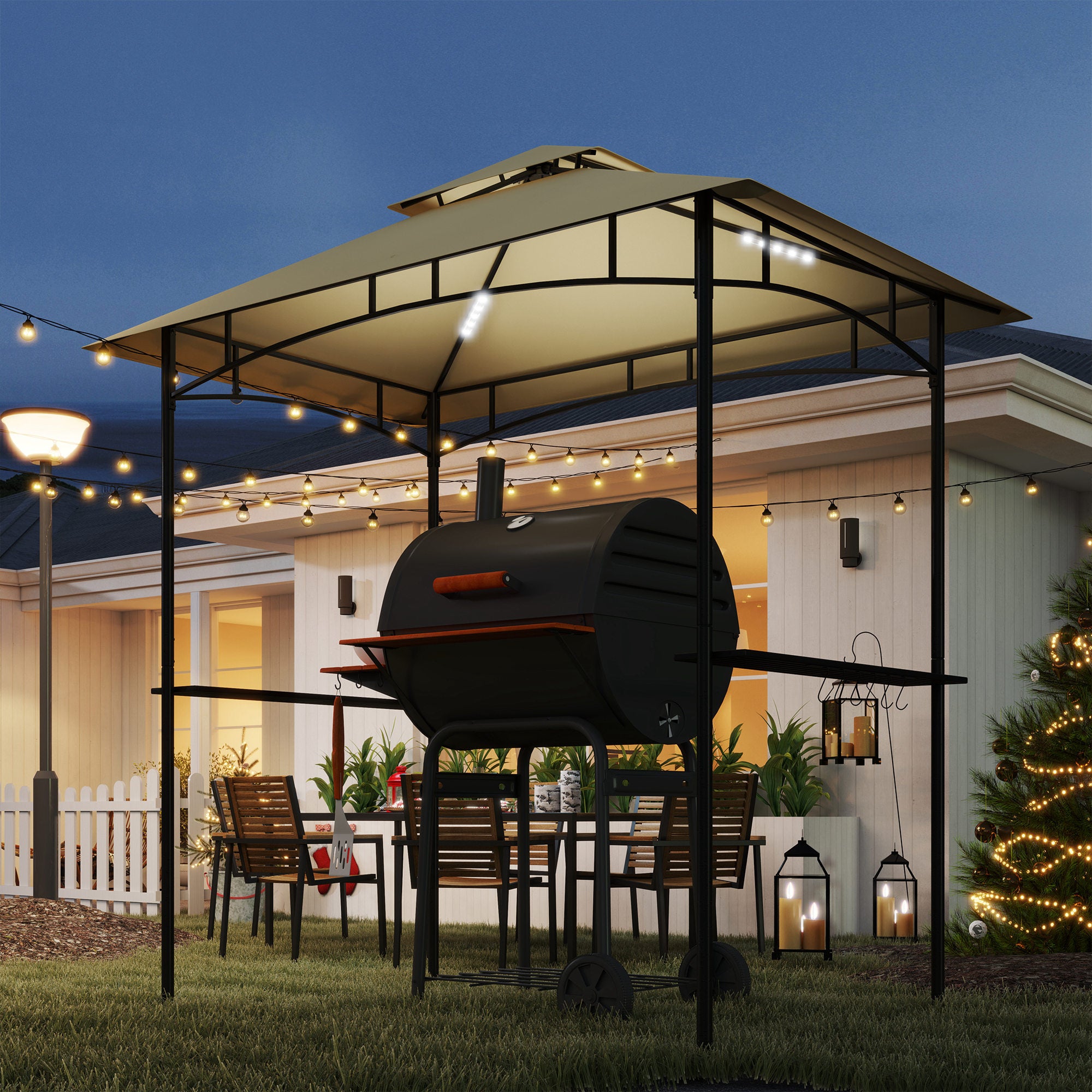 Outsunny 8' x 5' Grill Gazebo with LED Lights, Double Tiered Outdoor BBQ Gazebo Canopy with 2 Side Shelves, Storage Basket and Hooks for Patio, Garden, Backyard, Beige