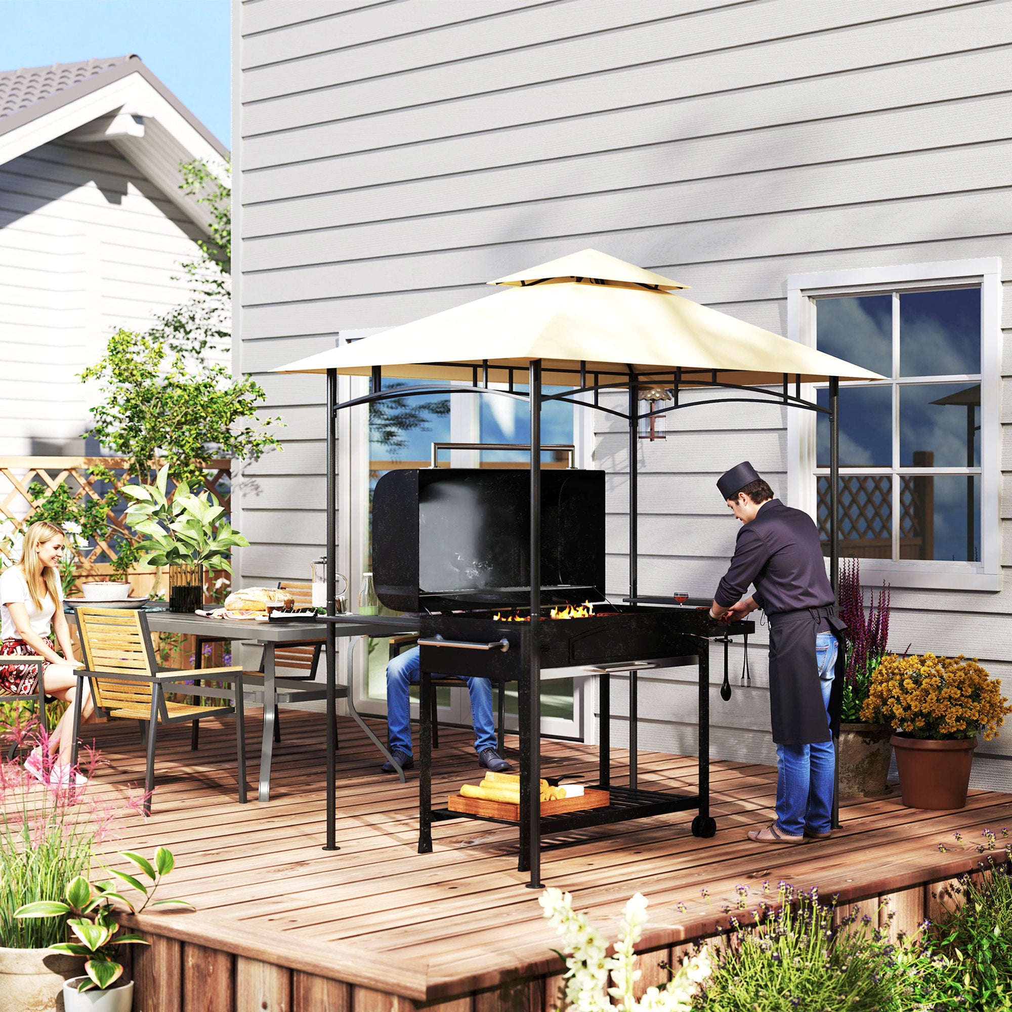 Outsunny 8' x 5' Grill Gazebo with LED Lights, Double Tiered Outdoor BBQ Gazebo Canopy with 2 Side Shelves, Storage Basket and Hooks for Patio, Garden, Backyard, Beige