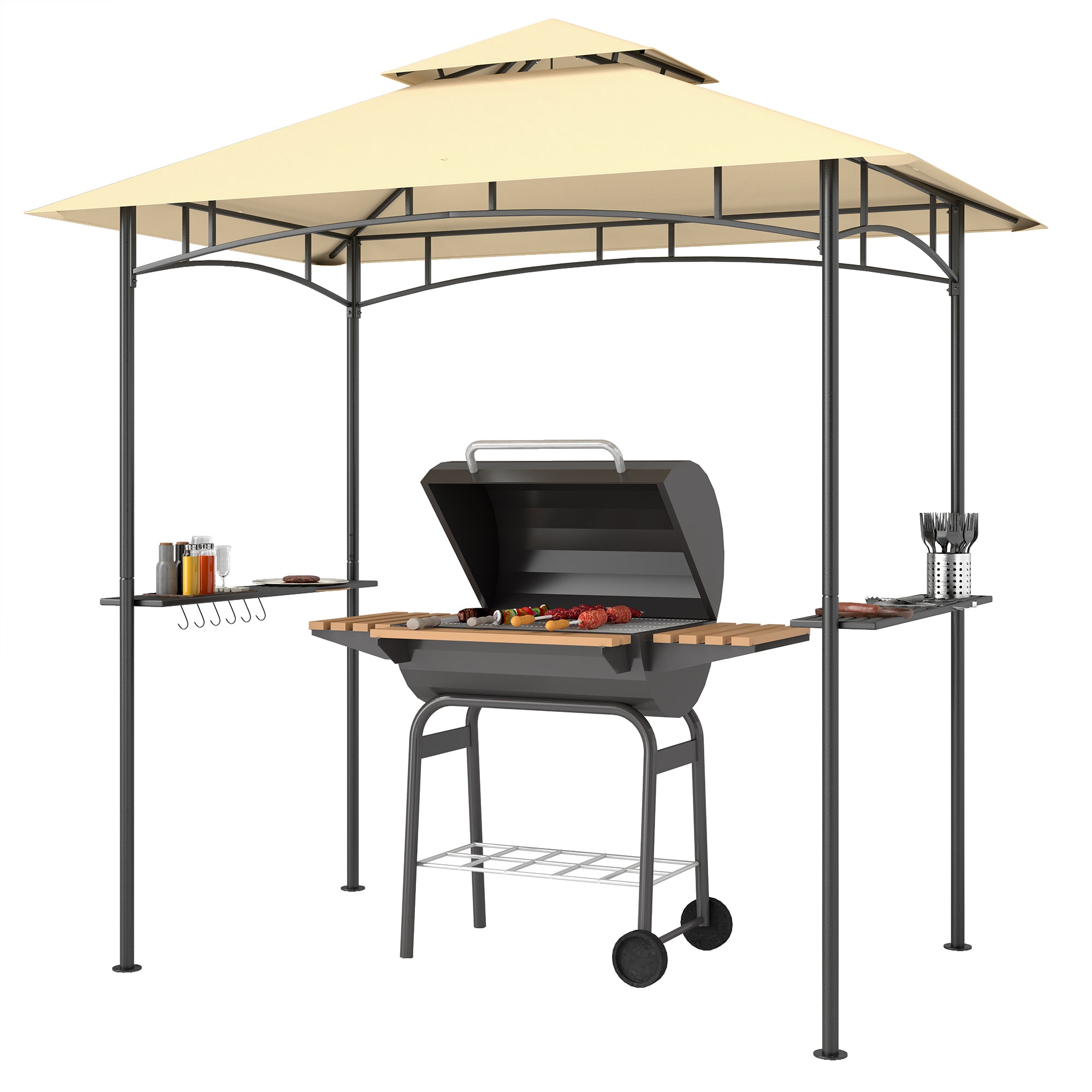 Outsunny 8' x 5' Grill Gazebo with LED Lights, Double Tiered Outdoor BBQ Gazebo Canopy with 2 Side Shelves, Storage Basket and Hooks for Patio, Garden, Backyard, Beige